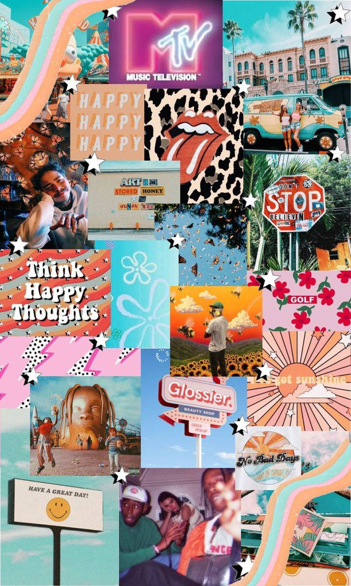 Summer Collage 桌布 壁紙 — 充滿活力的流行文化圖標、復古廂型車、向日葵和笑臉拼貼畫，以彩色波浪邊框和星星框起。