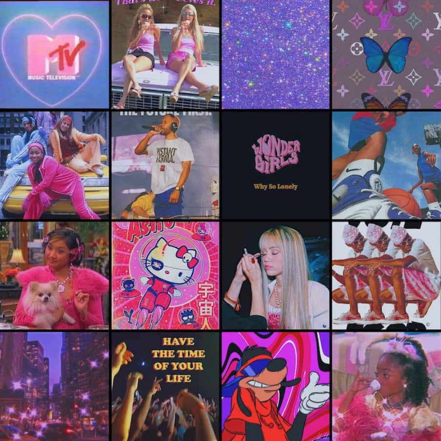 Y2K 美學 桌布 壁紙 — 充滿活力的流行文化圖標拼貼，包括 MTV 標誌、名人照片、閃亮背景、動漫角色和音樂專輯藝術。