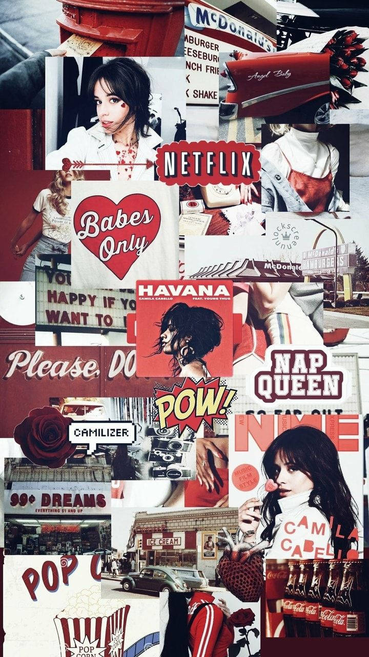 美學 桌布 壁紙 — 充滿活力的流行文化圖標拼貼畫， featuring Camila Cabello、Netflix、麥當勞和大膽紅白配色的復古美式風格。