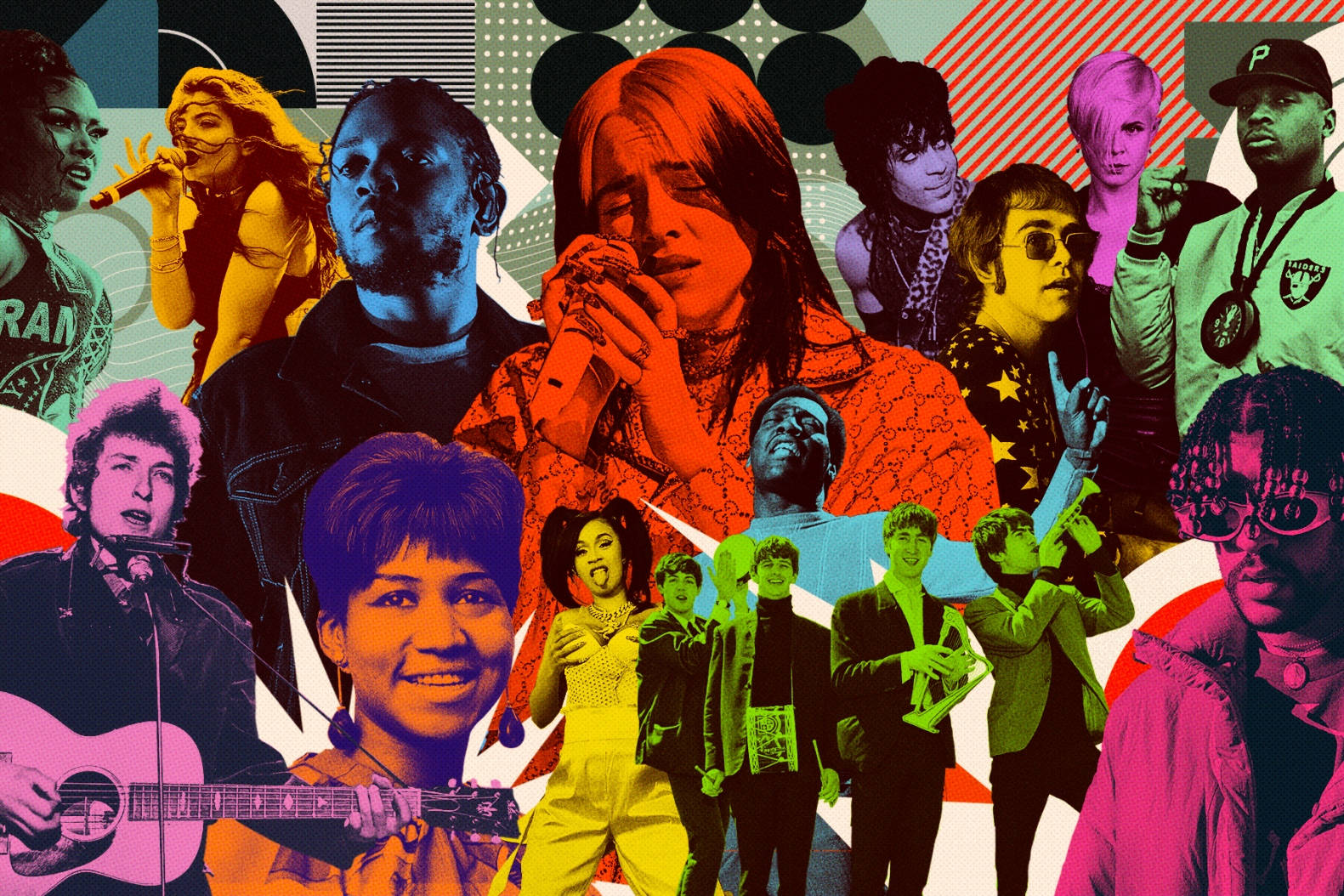 80s Rock 桌布 壁紙 — 充滿活力的流行藝術拼貼畫，以幾何圖案為背景，呈現不同音樂家的鮮豔飽和色彩。
