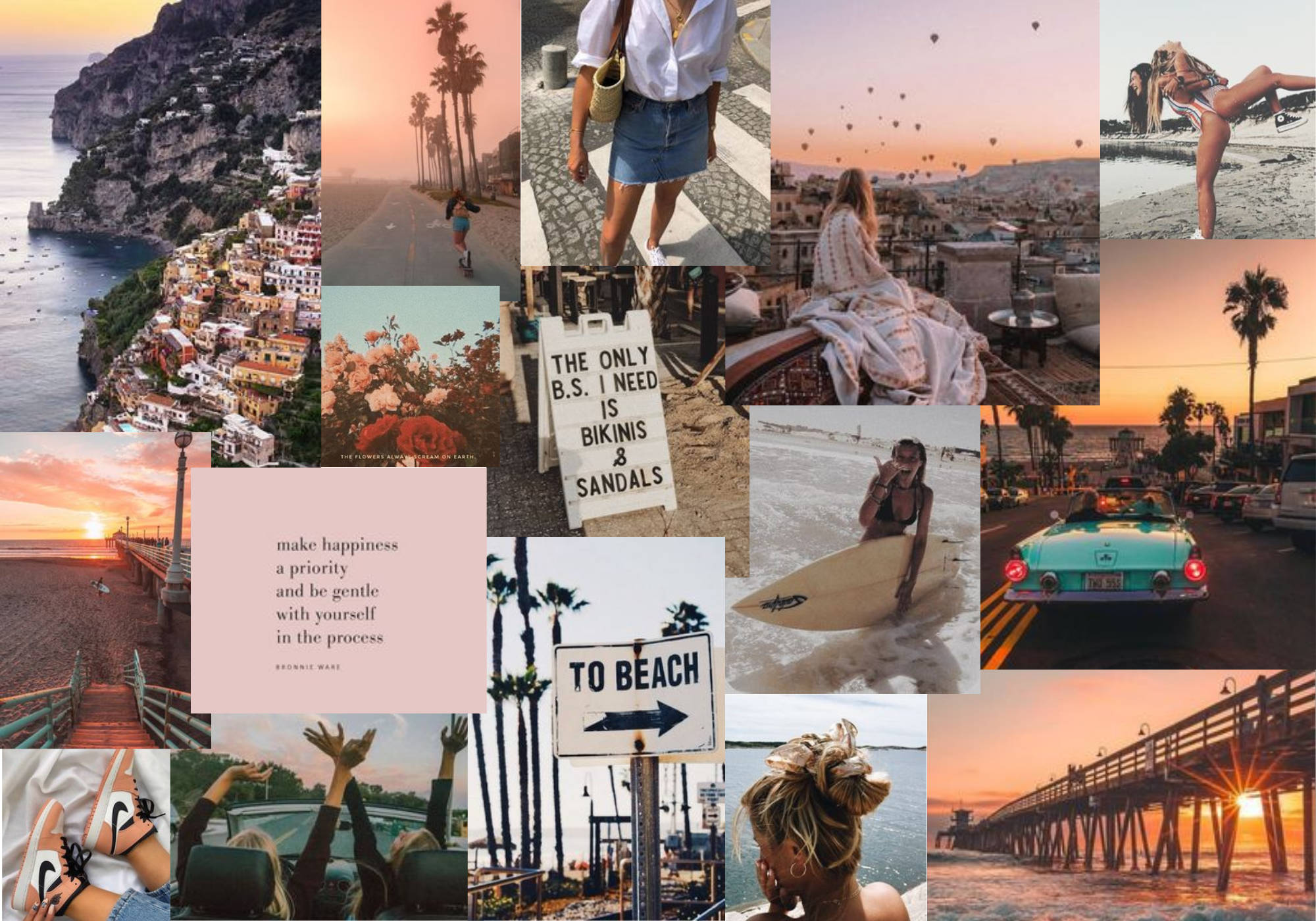 Summer Collage 桌布 壁紙 — 充滿活力的海岸場景、日落、海灘時刻和旅行語錄的拼貼畫，捕捉了夏日的自由與放鬆。