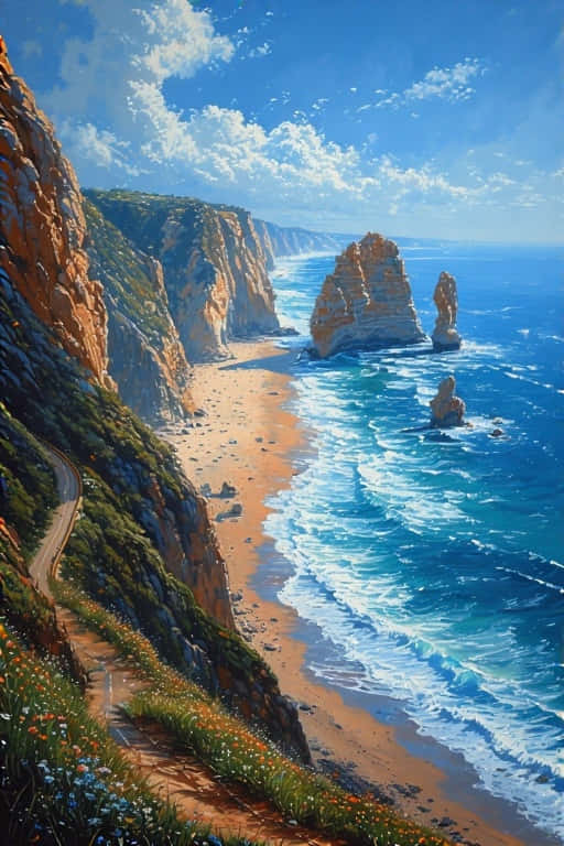 Great Ocean Road and Twelve Apostles Coastal 4K 壁紙 — 充滿活力的海岸景色，有高聳的懸崖、橙色砂岩、海蝕柱、拍岸的浪花，以及一條蜿蜒穿過野花的小路，在明亮的藍天下。