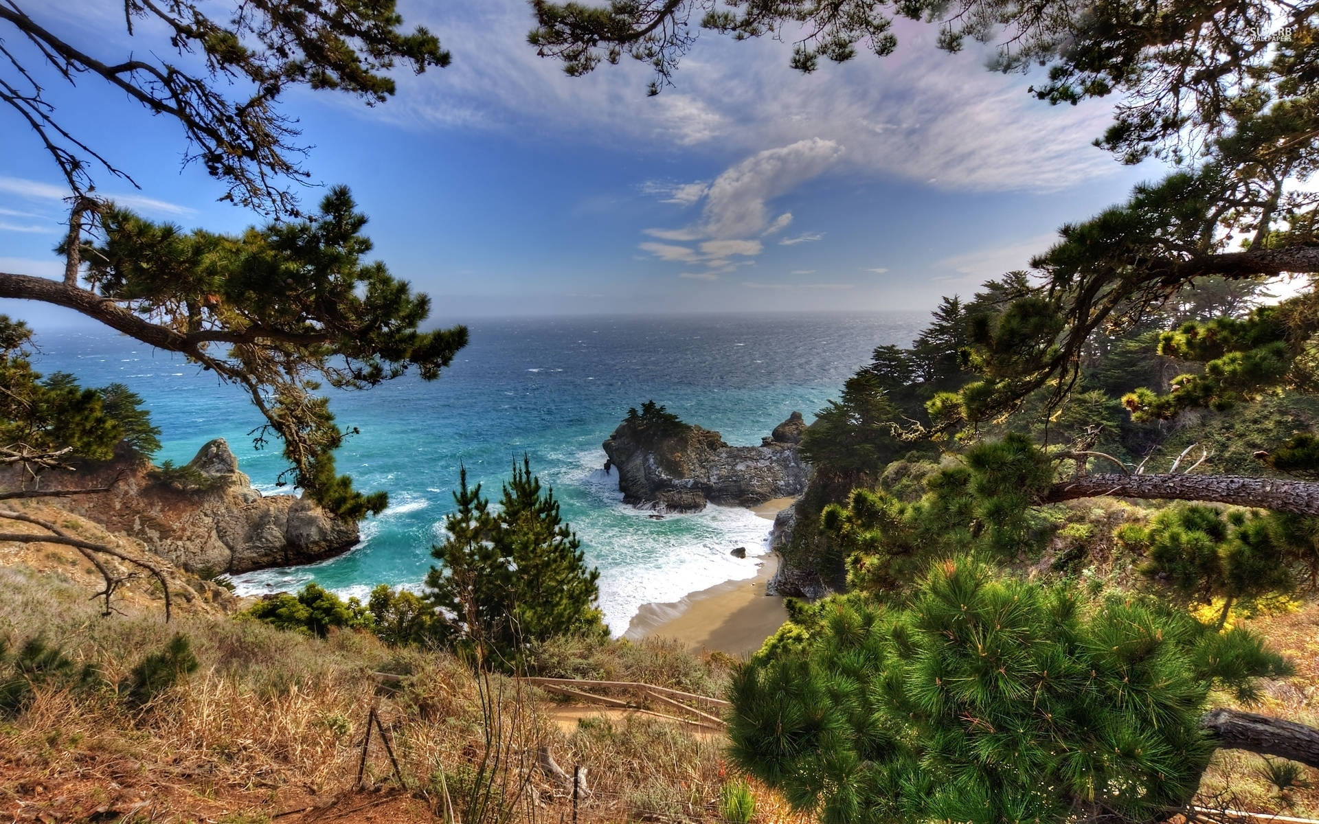 山脈 桌布 壁紙 — 充滿活力的海岸景色，碧綠的海浪拍打岩石海岸，被茂密的綠色松樹環繞，在明亮的藍天下。