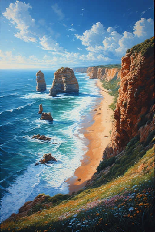 Great Ocean Road and Twelve Apostles Coastal 4K 壁紙 — 充滿活力的海岸景色，綠松石色的海浪拍打著金色沙灘，旁邊是高聳的橙色懸崖和遠處的岩石 formations，在明亮的藍天和蓬鬆的白雲下。