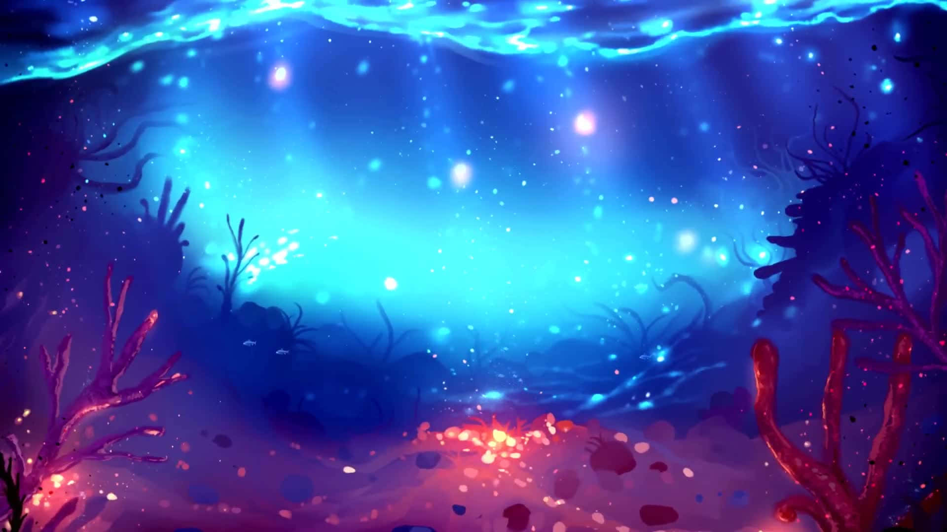 水下動畫 桌布 壁紙 — 充滿活力的海底場景，發光的藍色光線穿過水面，照射在珊瑚和下方的發光粒子上。