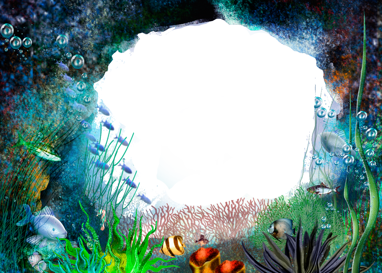 水下動畫 桌布 壁紙 — 充滿活力的海底場景，色彩繽紛的珊瑚魚、海藻和氣泡環繞著發光的白色傳送門。