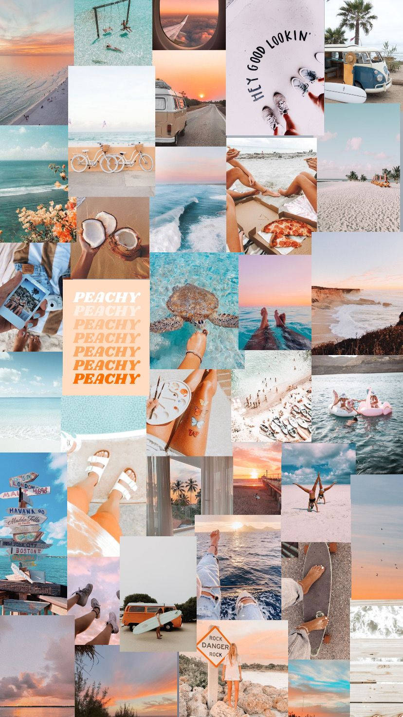 Summer Collage 桌布 壁紙 — 充滿活力的海灘主題拼貼畫， featuring 日落、海浪、棕櫚樹和享受暑假的人們。