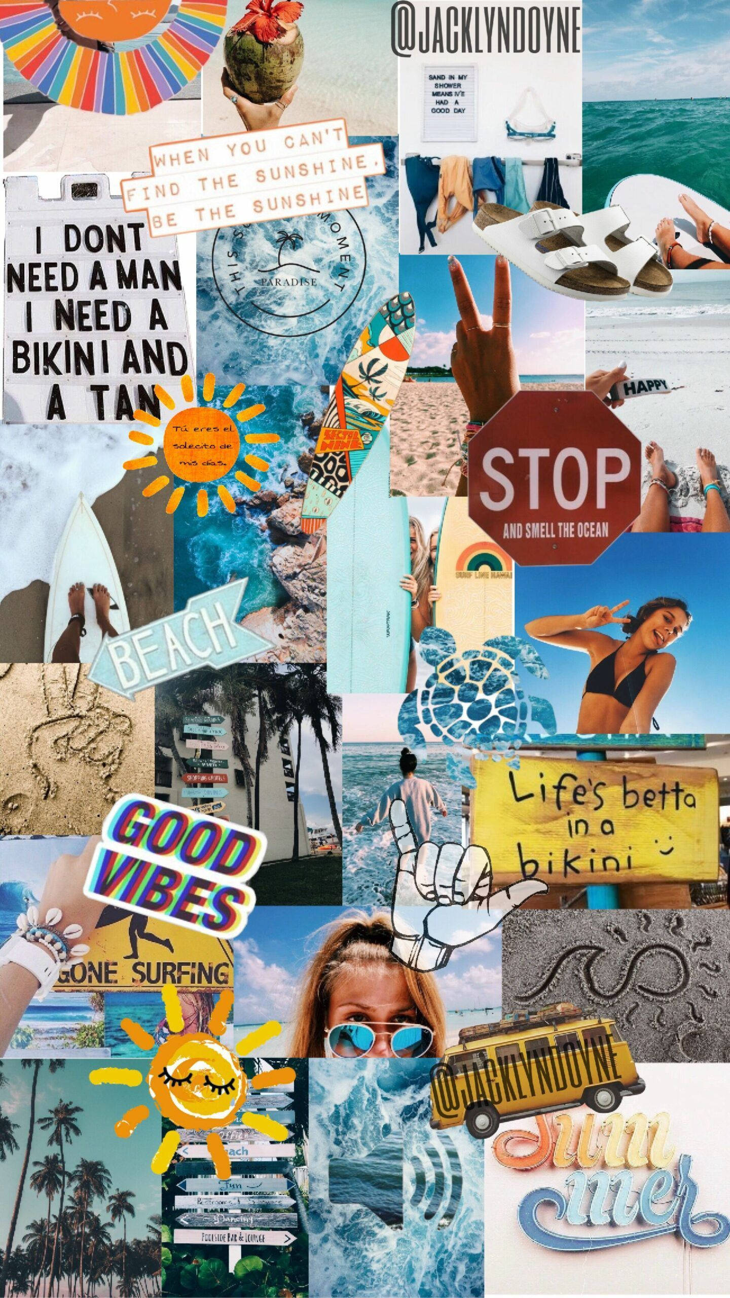 Summer Collage 桌布 壁紙 — 充滿活力的海灘主題拼貼畫， featuring 衝浪板、太陽眼鏡、太陽標誌和微笑的人們享受夏日海邊時光。
