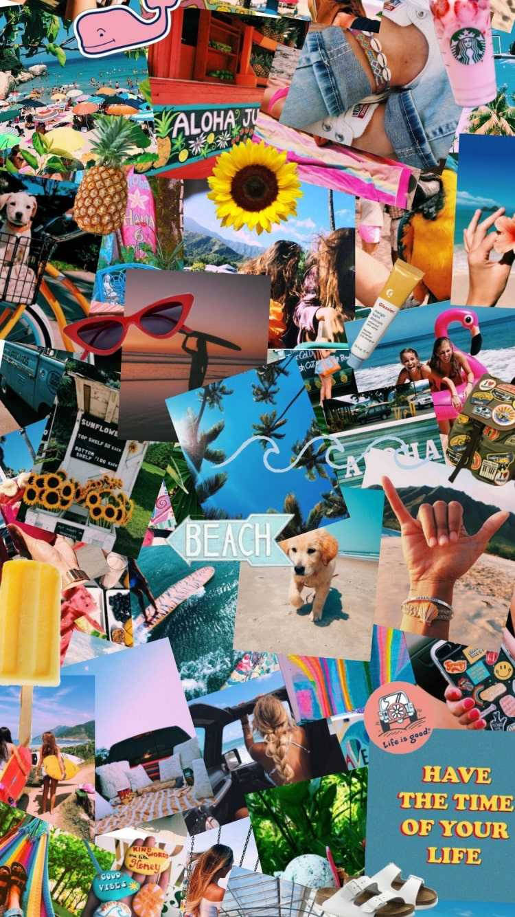 Hippie Aesthetic Laptop 桌布 壁紙 — 充滿活力的海灘假期拼貼畫， featuring 日落、棕櫚樹、鳳梨和微笑的人們享受夏日樂趣。