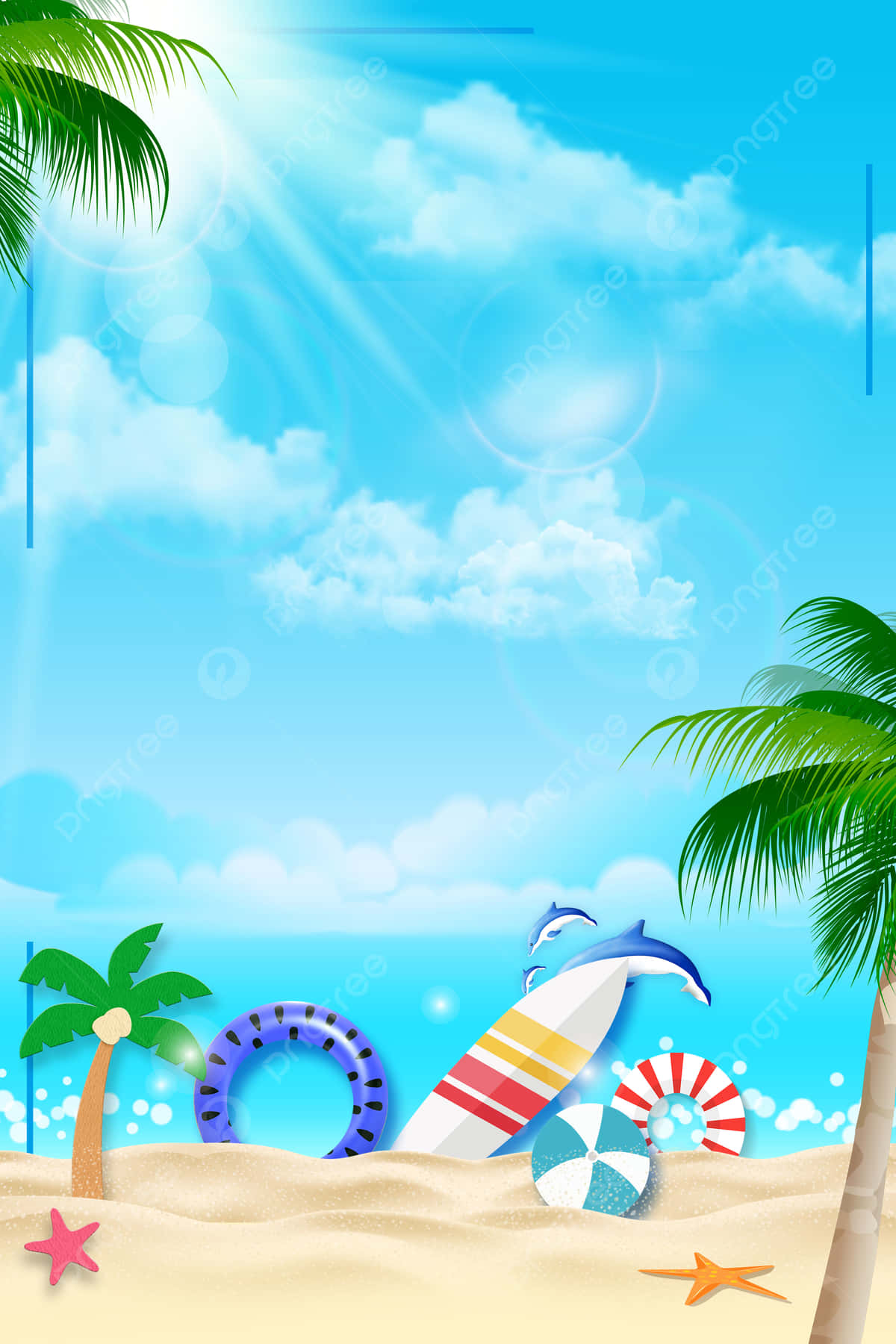 Summer Beach 桌布 壁紙 — 充滿活力的海灘場景，有棕櫚樹、衝浪板、充氣環和海星，在明亮的藍天和陽光下。