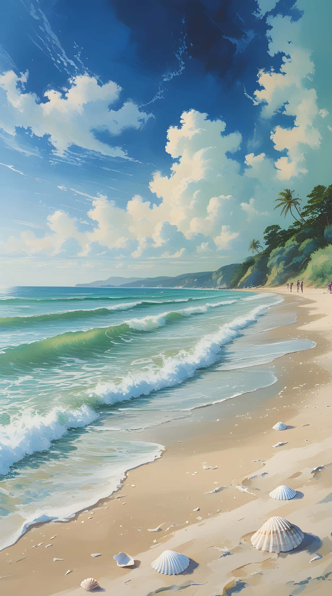 A natural view of sea beach art 壁紙 — 充滿活力的海灘場景，綠松石色的海浪拍打著金色沙灘，沙灘上散落著貝殼，明亮的藍天下有蓬鬆的白雲。