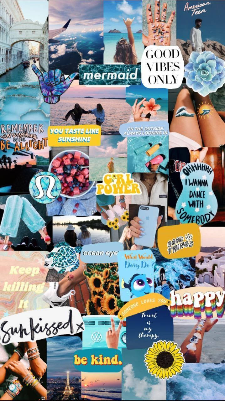 Summer Collage 桌布 壁紙 — 充滿活力的海灘日落、海浪和勵志名言拼貼畫，配以色彩繽紛的向日葵和手勢。