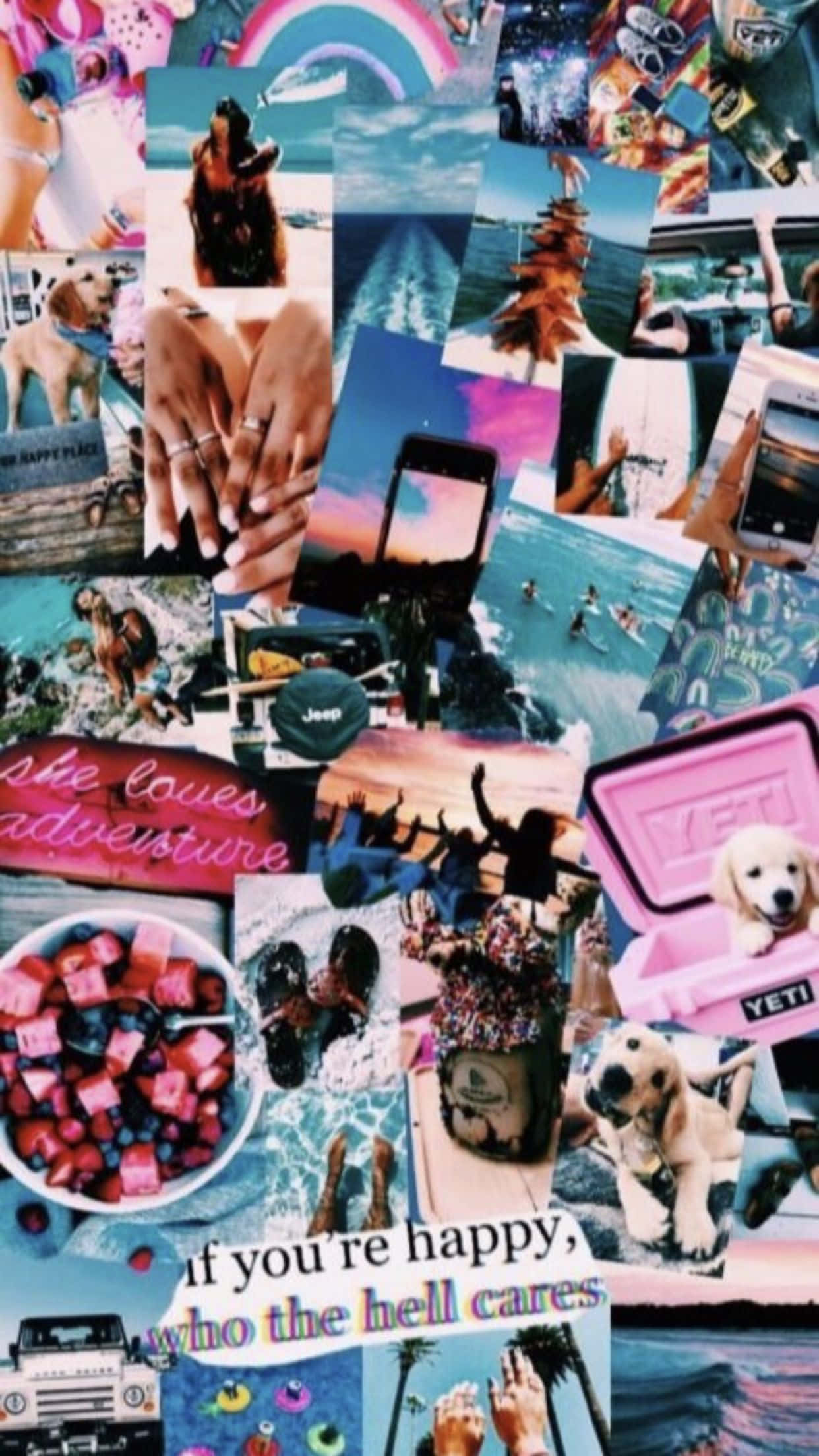 Aesthetic Dog 桌布 壁紙 — 充滿活力的海灘照片、寵物、美食和旅行時刻的拼貼畫，色彩大膽，充滿青春活力。