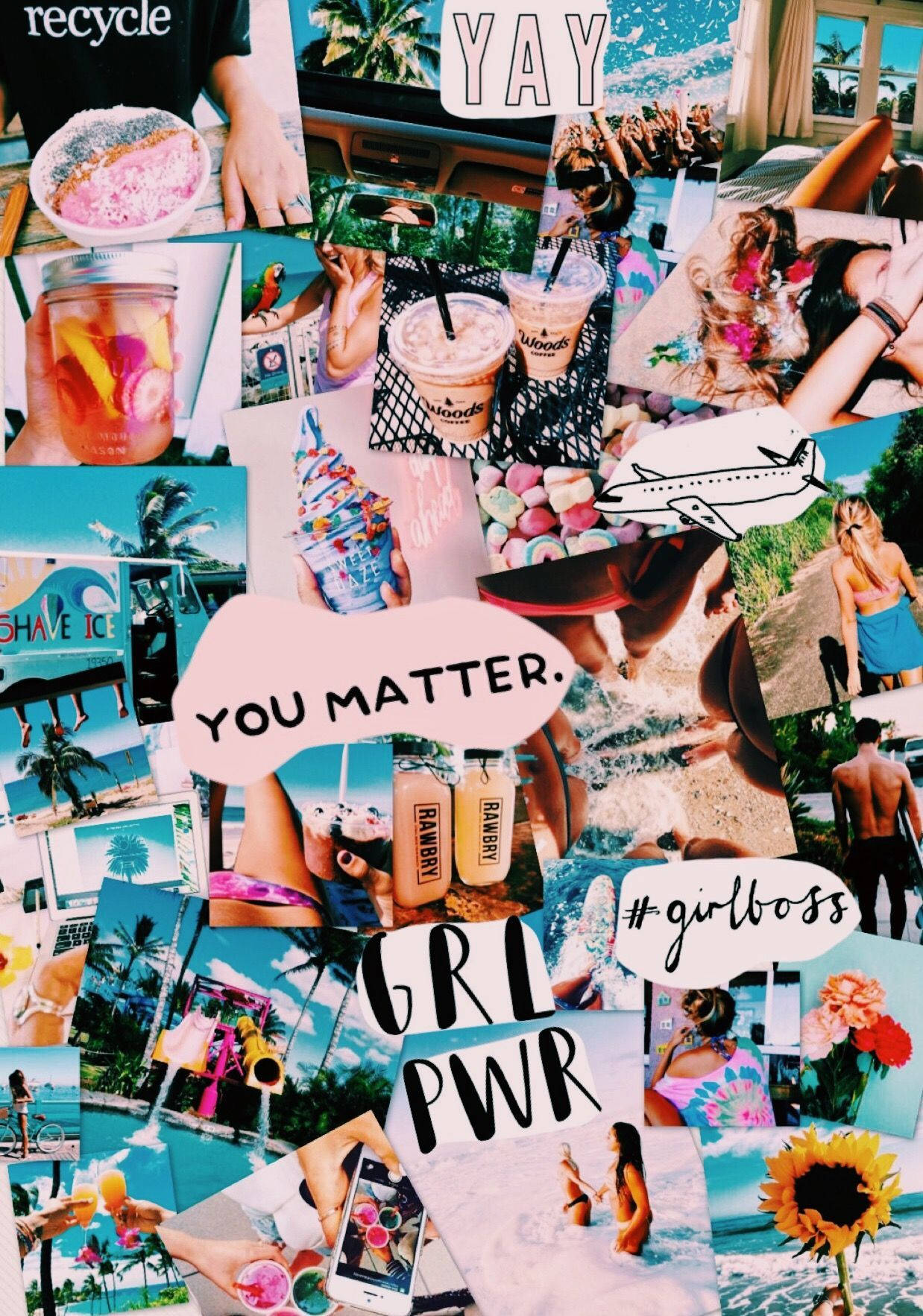 Summer Collage 桌布 壁紙 — 充滿活力的海灘照片、飲品和賦權文字疊加拼貼畫，慶祝女孩力量和夏日氛圍。