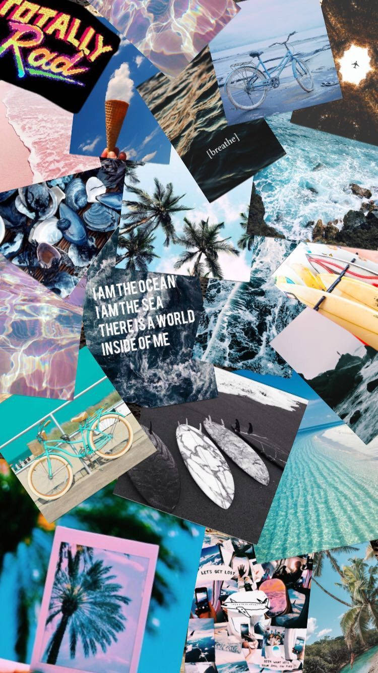 Summer Collage 桌布 壁紙 — 充滿活力的海灘照片拼貼，包括棕櫚樹、衝浪板、自行車和海洋波浪，並帶有文字疊加。