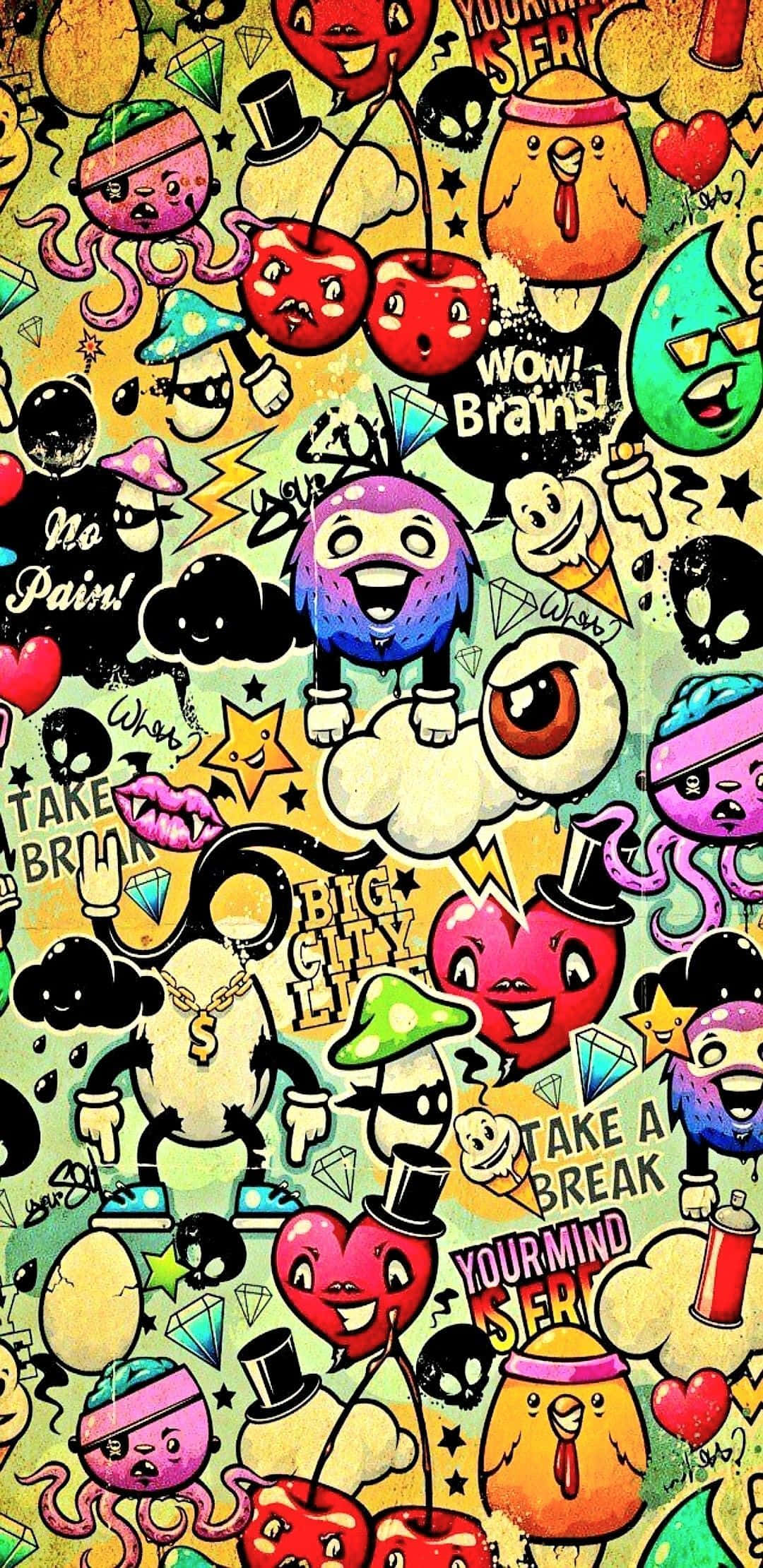 Cartoon Poster 桌布 壁紙 — 充滿活力的混亂卡通人物，帶有表情豐富的臉孔和大膽的塗鴉風格文字，在紋理黃色背景上爆發。