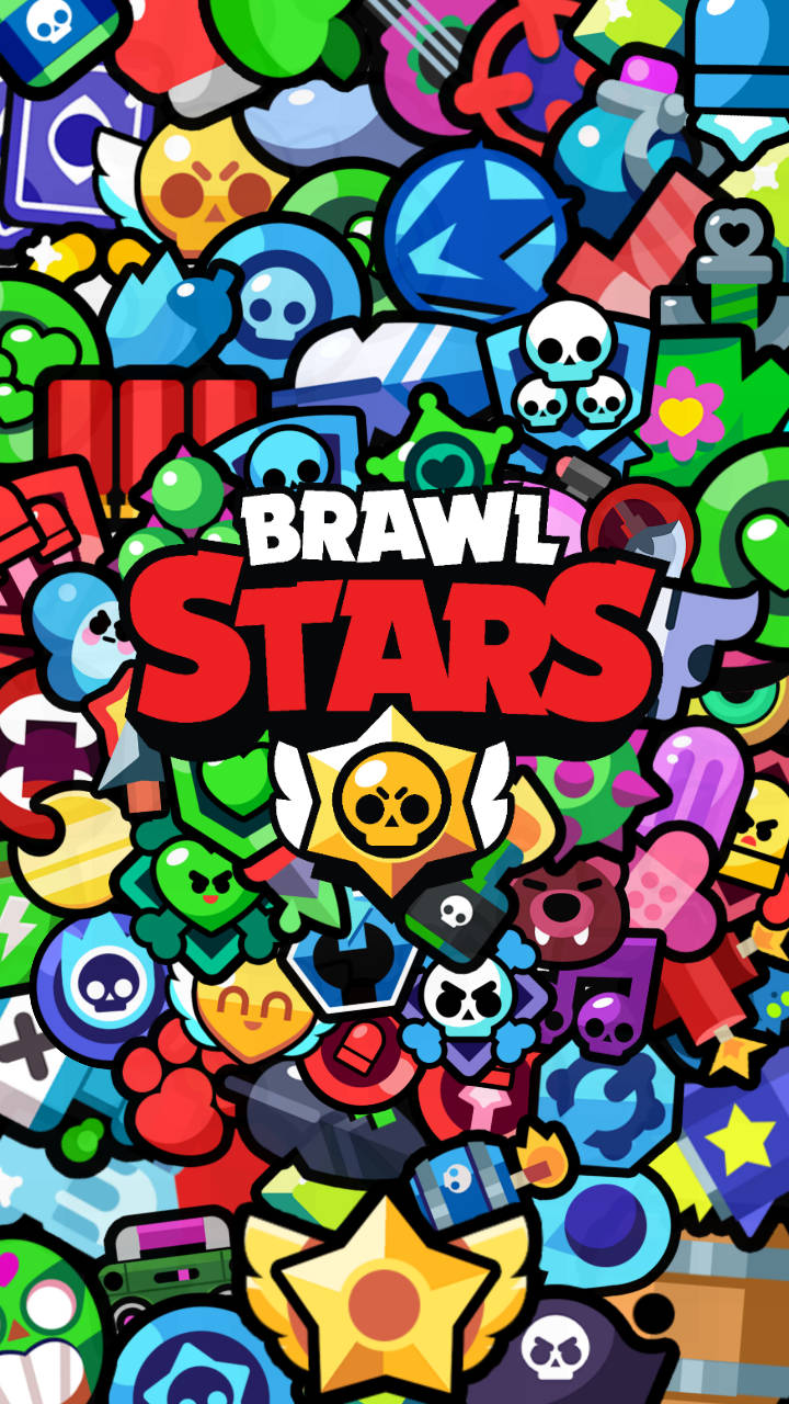 荒野亂鬥 桌布 壁紙 — 充滿活力的混亂拼貼畫，Brawl Stars 角色和圖標迸發出大膽色彩和俏皮能量。