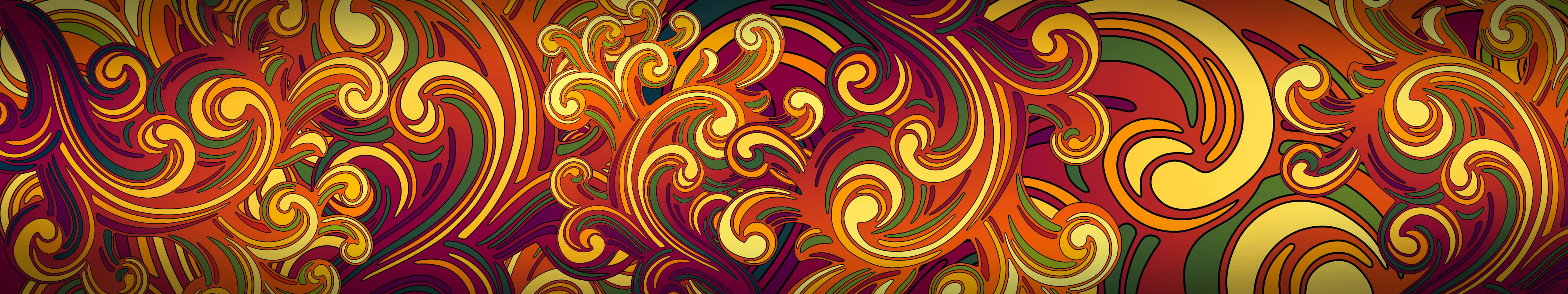 5760x1080 桌布 壁紙 — 充滿活力的漩渦圖案，以火熱的橙色、金色和深紅色構成動態抽象構圖。
