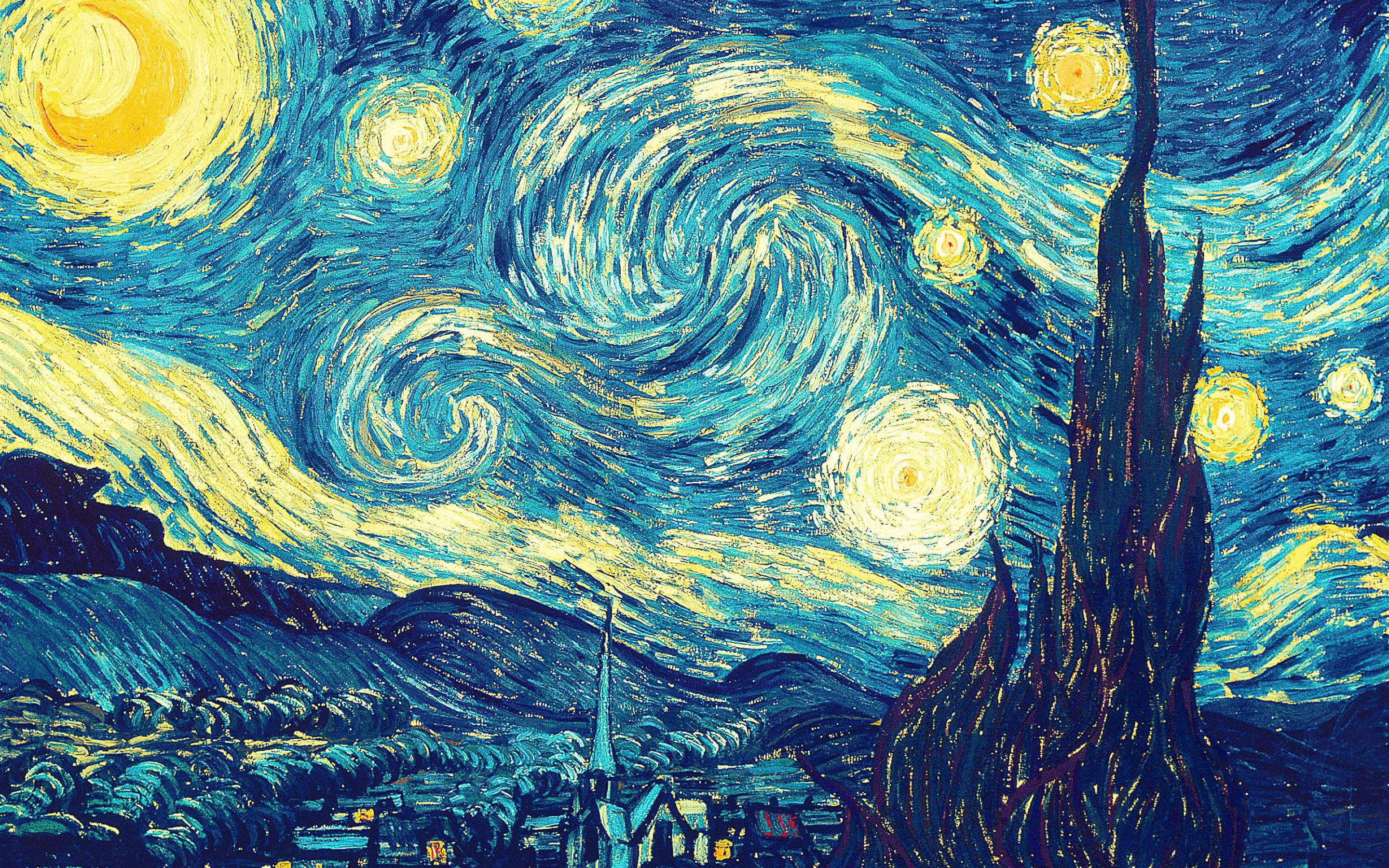 藝術 桌布 壁紙 — 充滿活力的漩渦夜空，在黑暗的柏樹和村莊上空有發光的黃色星星和月亮。