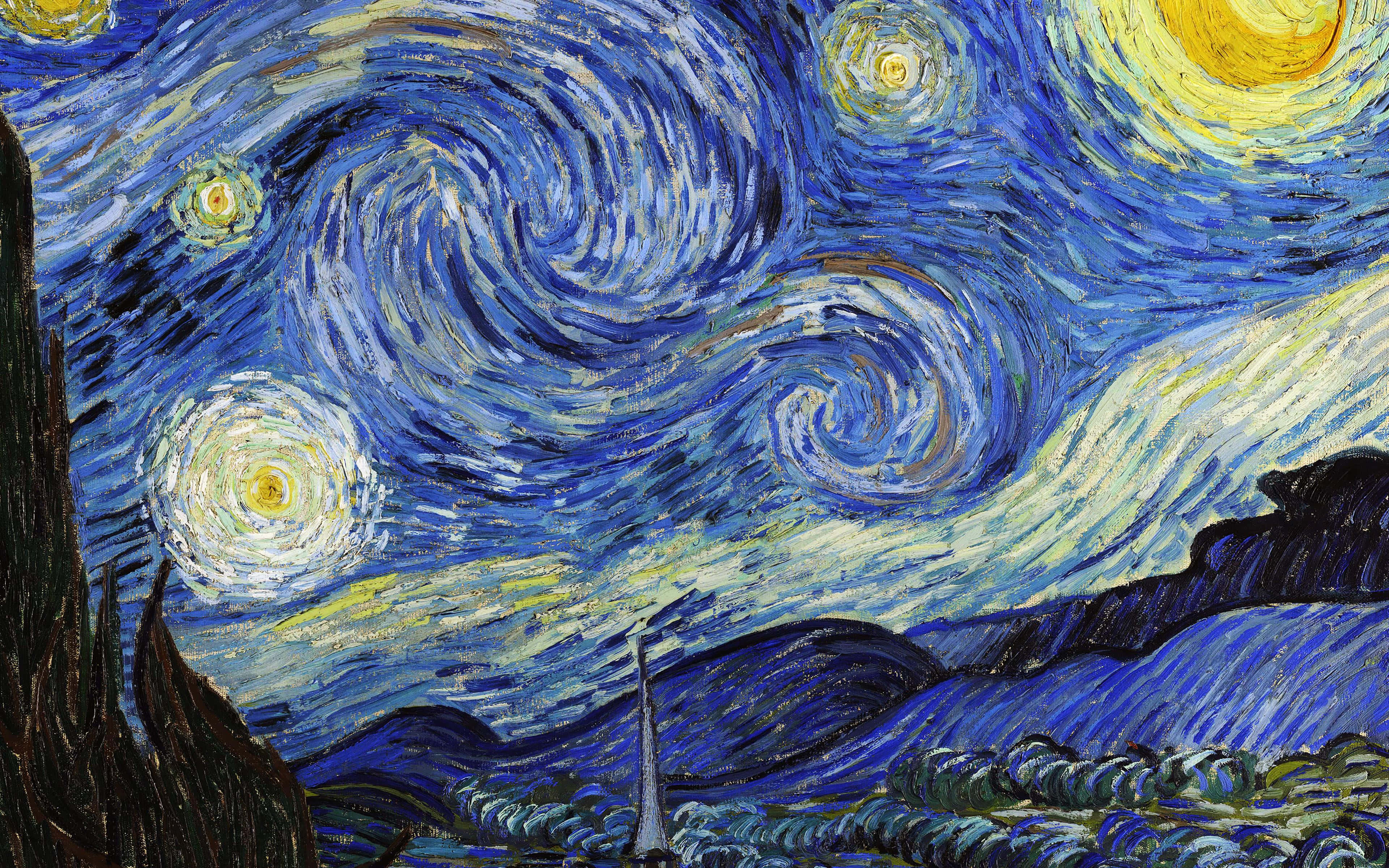 桌布 壁紙 — 充滿活力的漩渦夜空，閃爍的星星和月亮在深色柏樹和村莊上空。