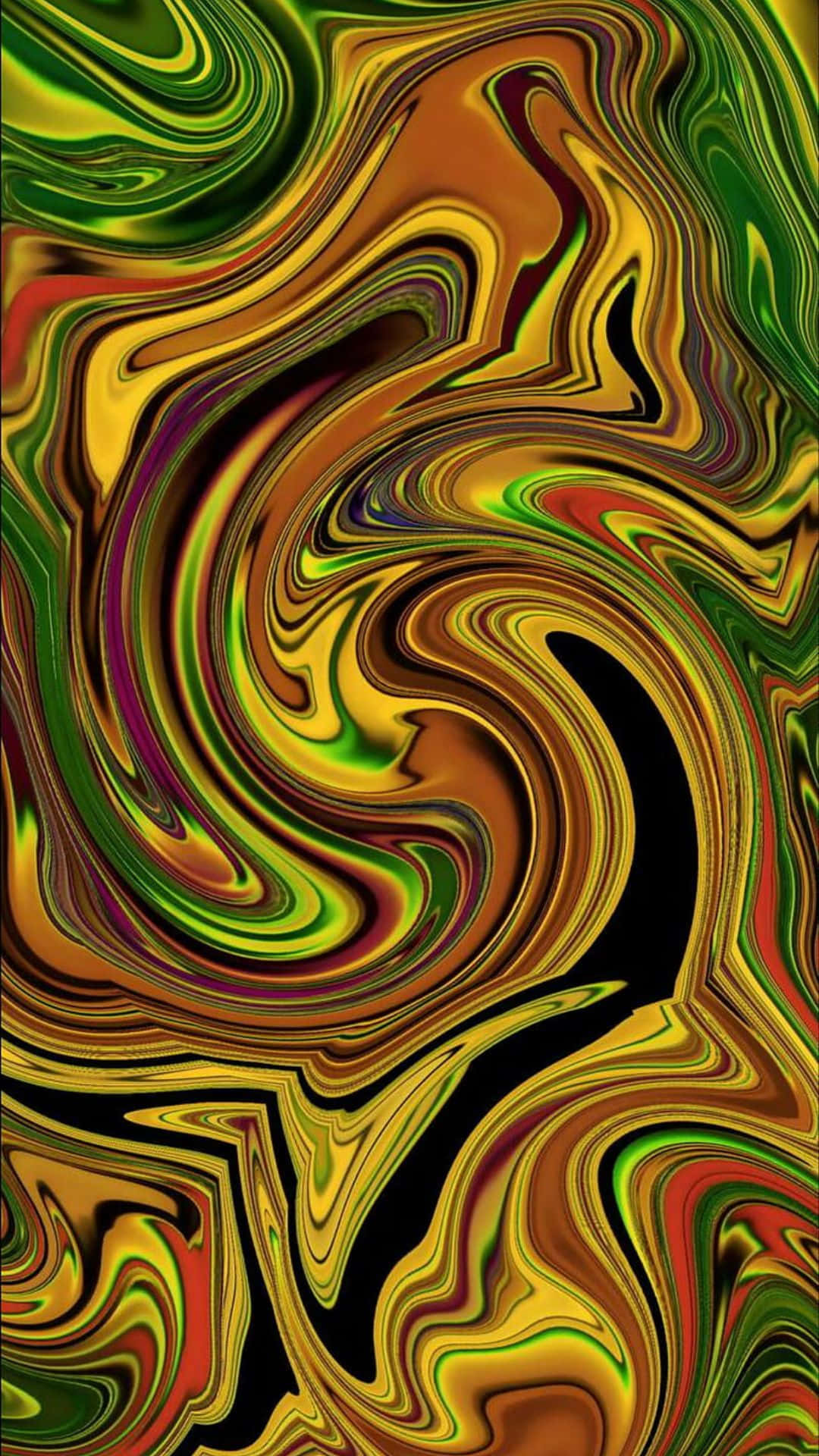 psychedelic art 桌布 壁紙 — 充滿活力的漩渦抽象圖案，大膽的綠色、金色和黑色在流暢的運動中。