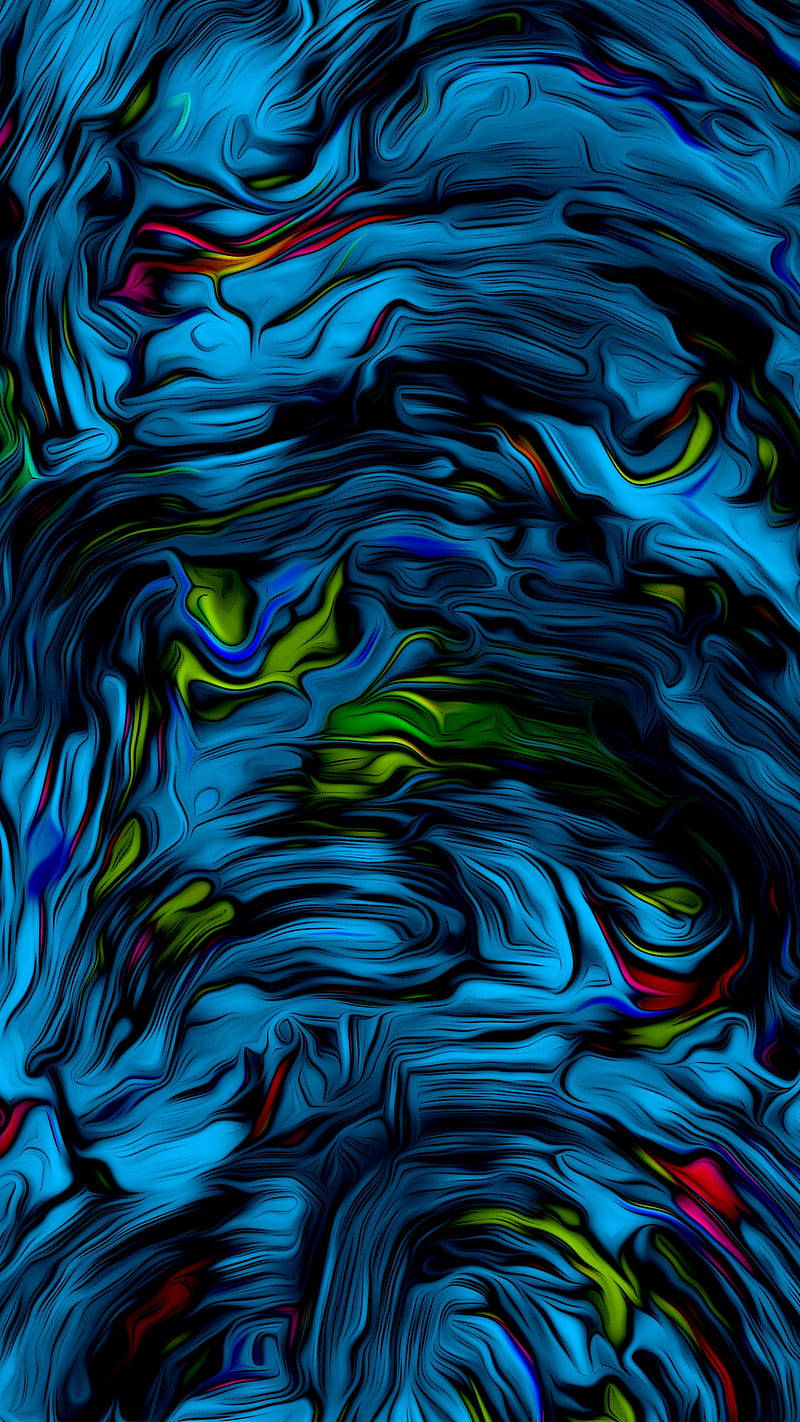 Blue Art 桌布 壁紙 — 充滿活力的漩渦抽象圖案，深藍色、霓虹綠色以及紅色和黃色的條紋，營造出動態的流體運動。