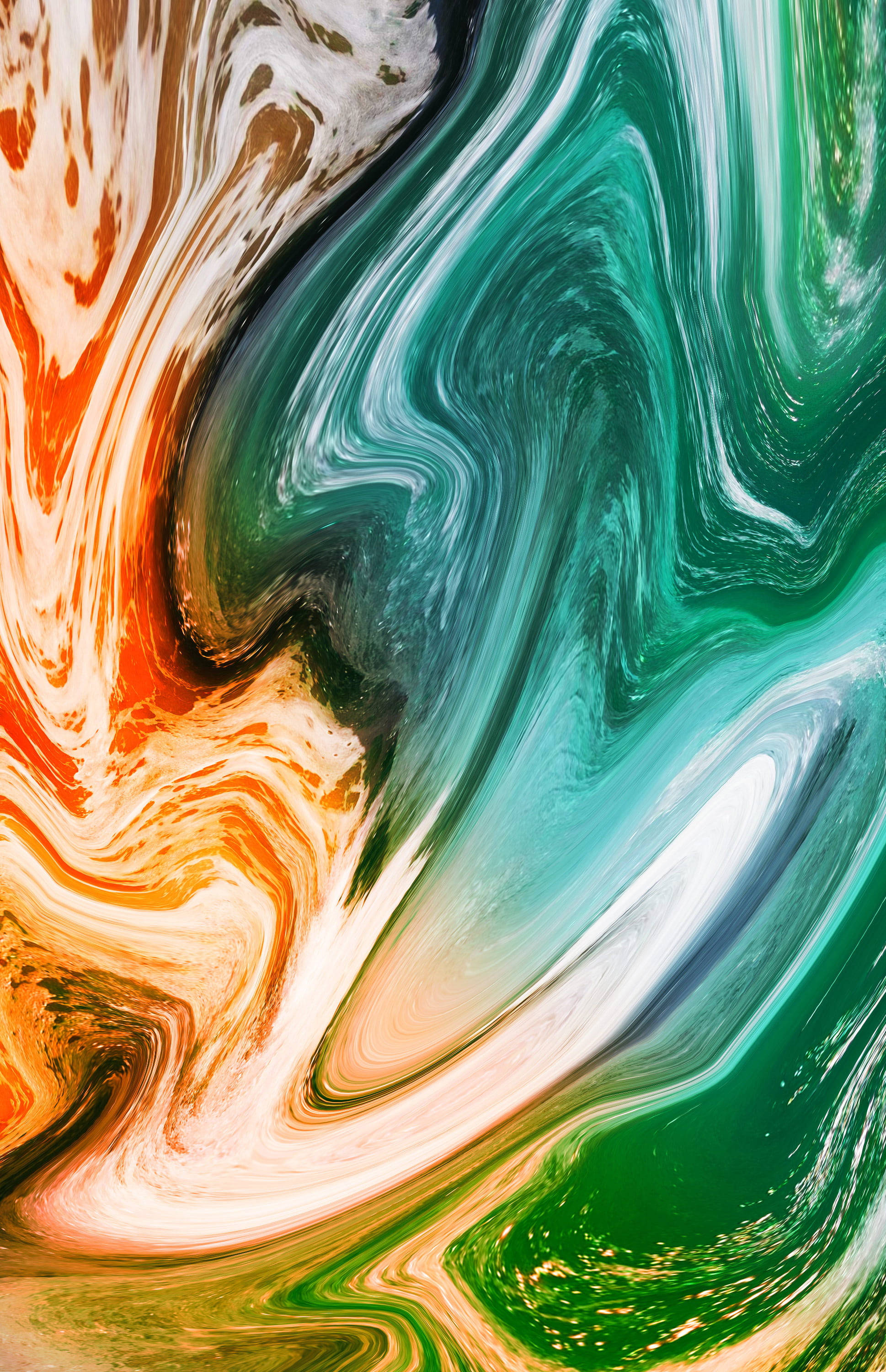 Marble Phone 桌布 壁紙 — 充滿活力的漩渦抽象圖案，由青綠色、橙色和白色流體色彩動態融合而成。