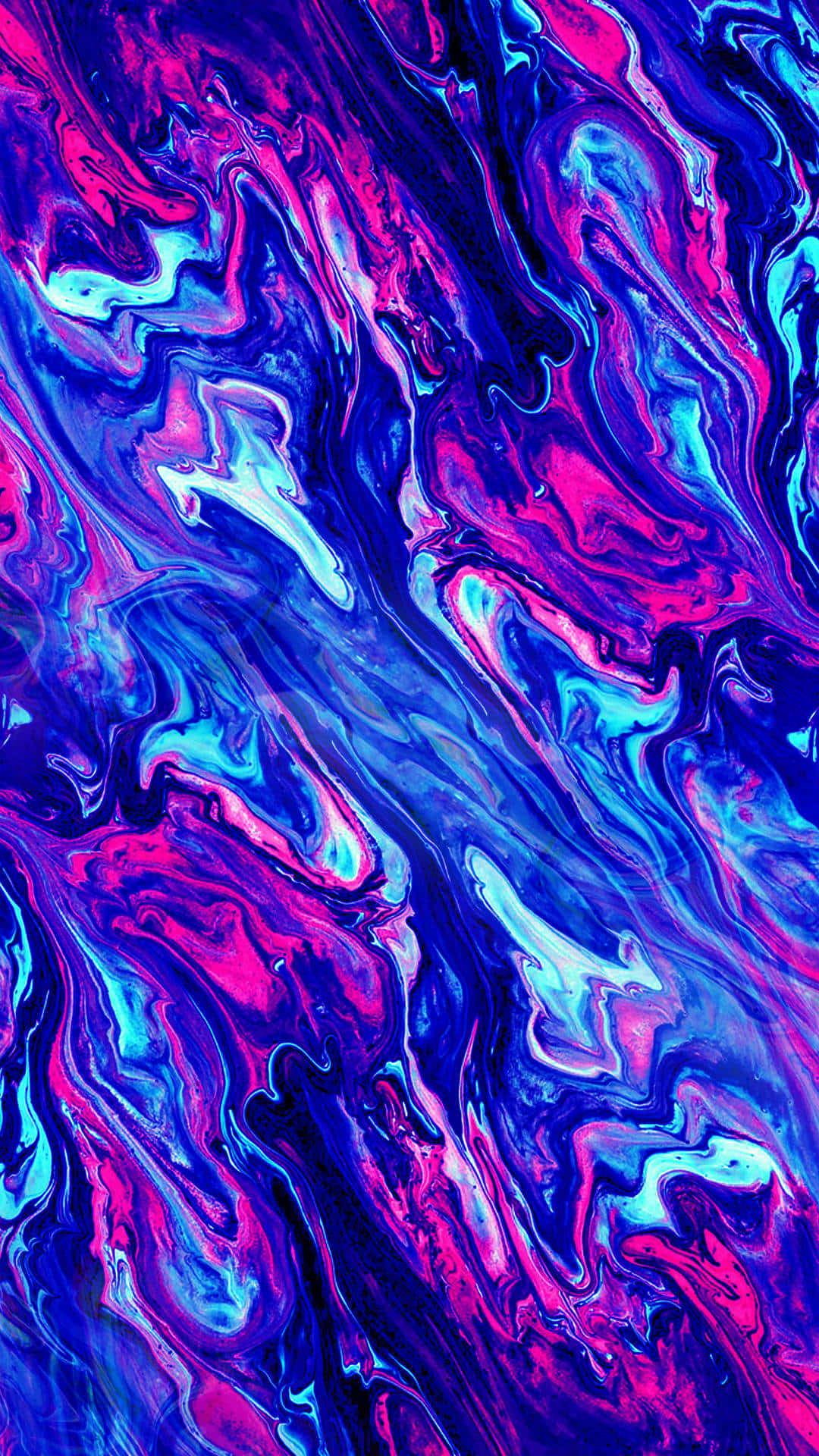 Neon Aesthetic Phone 桌布 壁紙 — 充滿活力的漩渦抽象圖案，電光藍、粉紅和紫色的液體狀色彩動態流動。