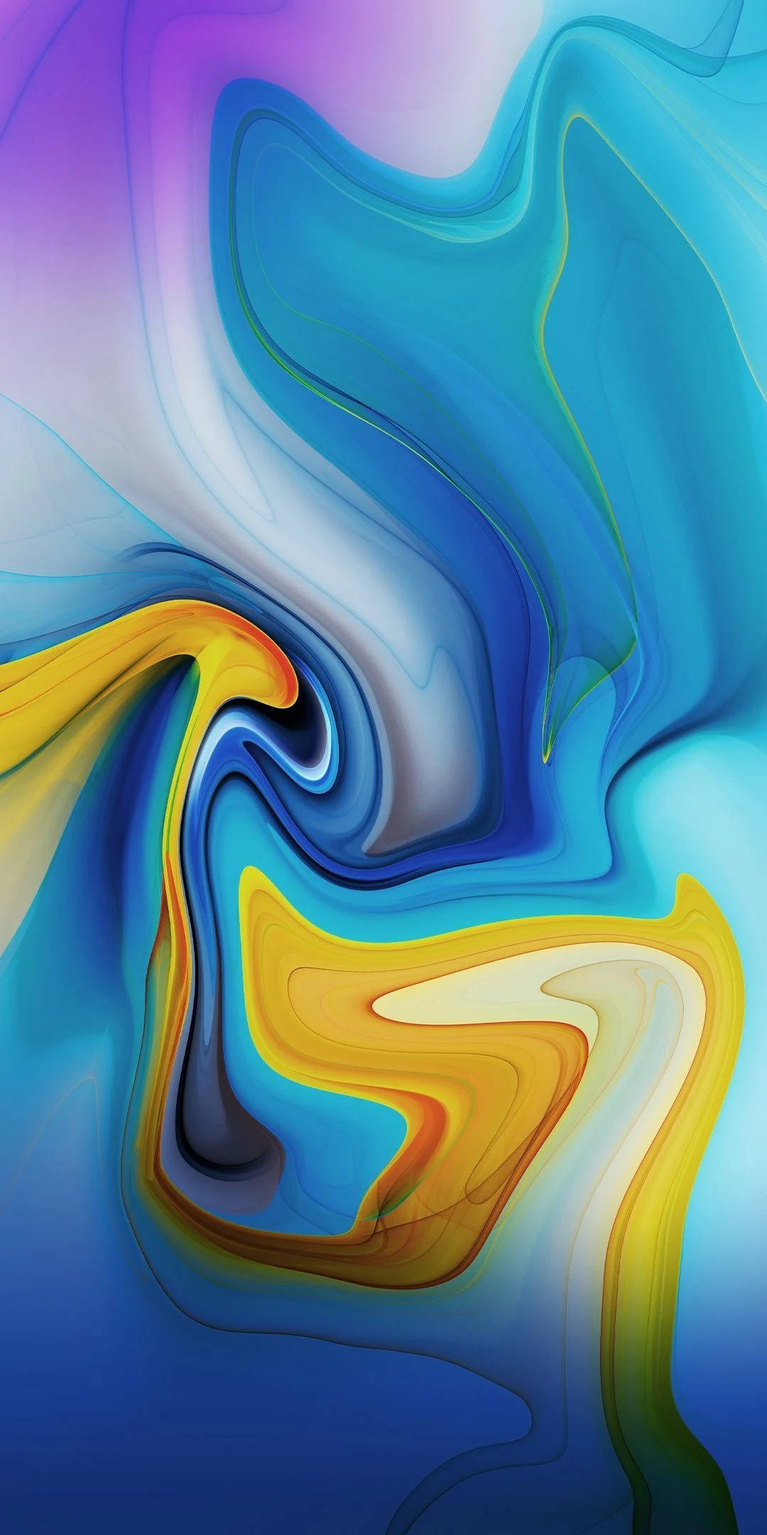 Paint Art 桌布 壁紙 — 充滿活力的漩渦抽象流體藝術，大膽的藍色、黃色和紫色在畫布上動態流動。