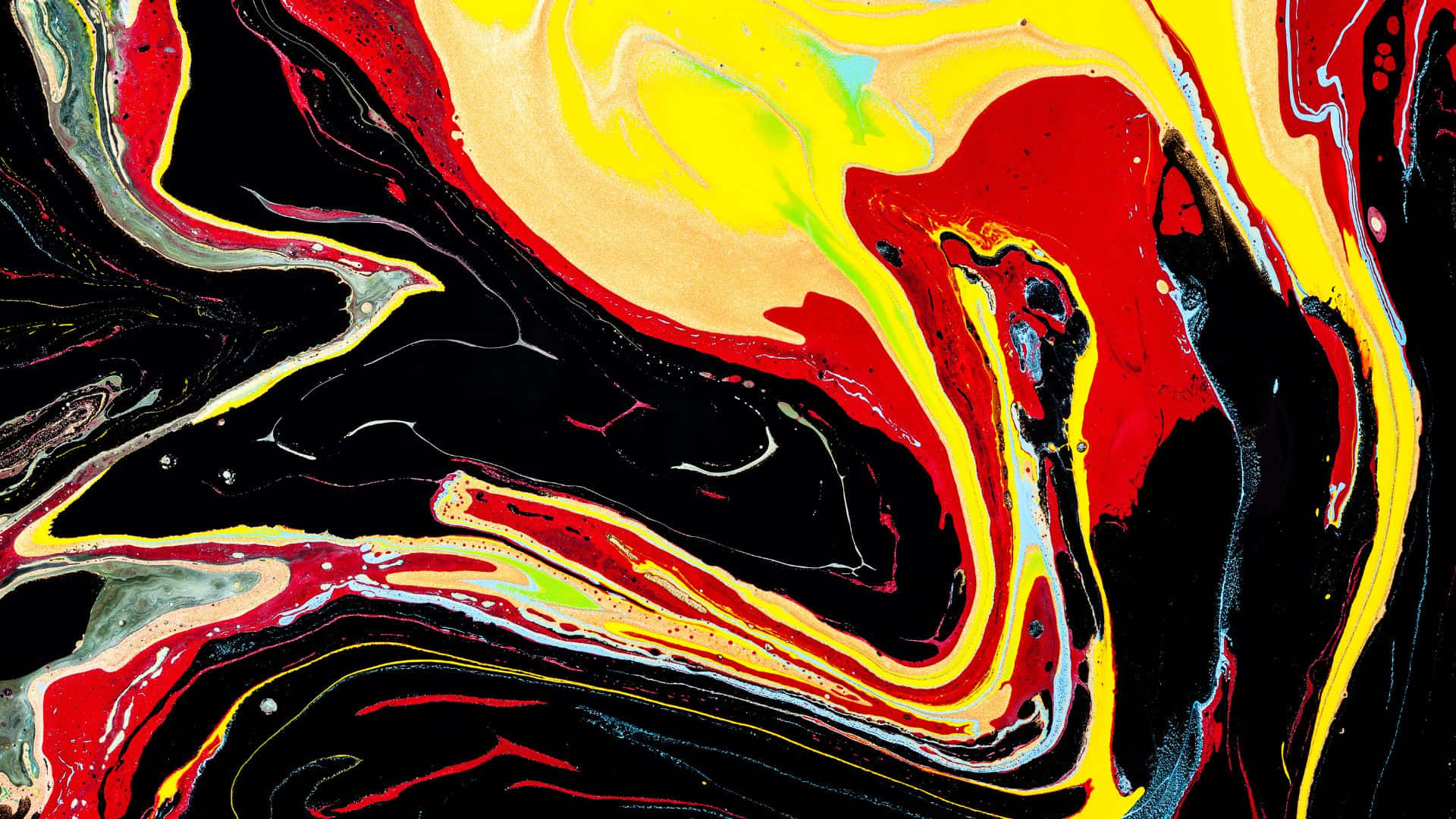 1920x1080 Marble 桌布 壁紙 — 充滿活力的漩渦抽象藝術，帶有鮮明的紅色、黃色和黑色流體圖案。