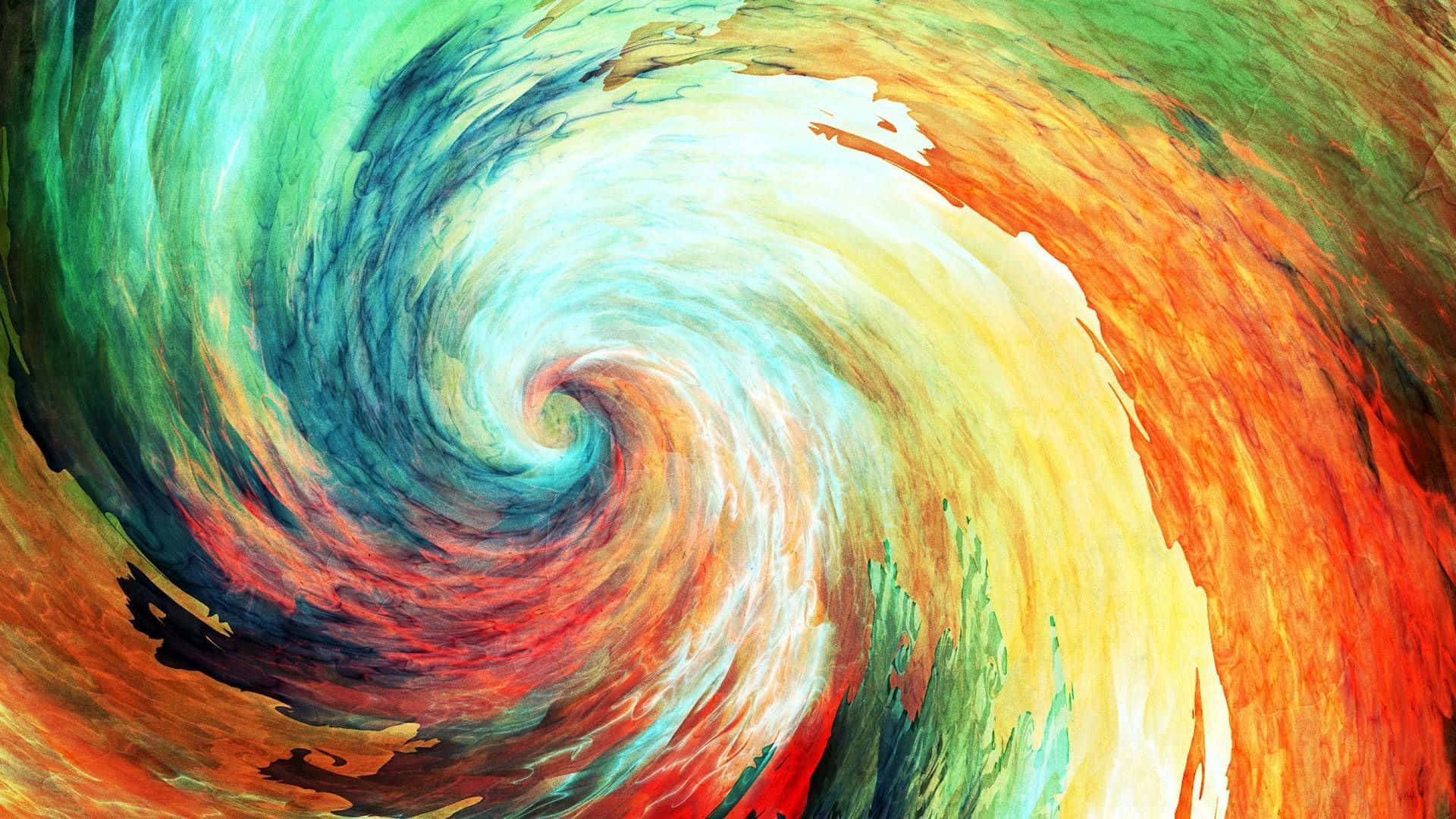 Contemporary Art 桌布 壁紙 — 充滿活力的漩渦抽象藝術品，大膽的筆觸將火熱的橙色、綠色和冷藍色融合成動態漩渦。