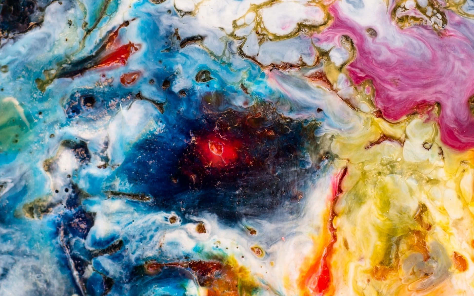 paint 桌布 壁紙 — 充滿活力的漩渦抽象顏料，大膽的藍色、粉紅色、黃色和紅色在有機流動圖案中融合。