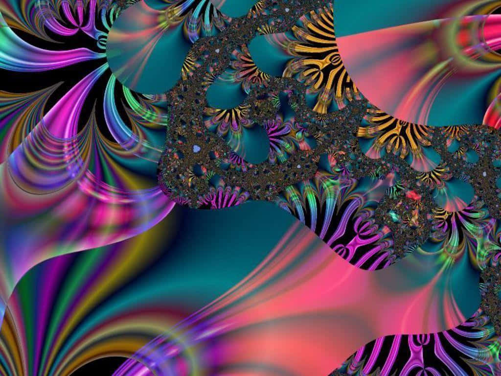 嬉皮 桌布 壁紙 — 充滿活力的漩渦狀碎形圖案，以霓虹粉紅、藍綠色和金色在深色背景上流動。