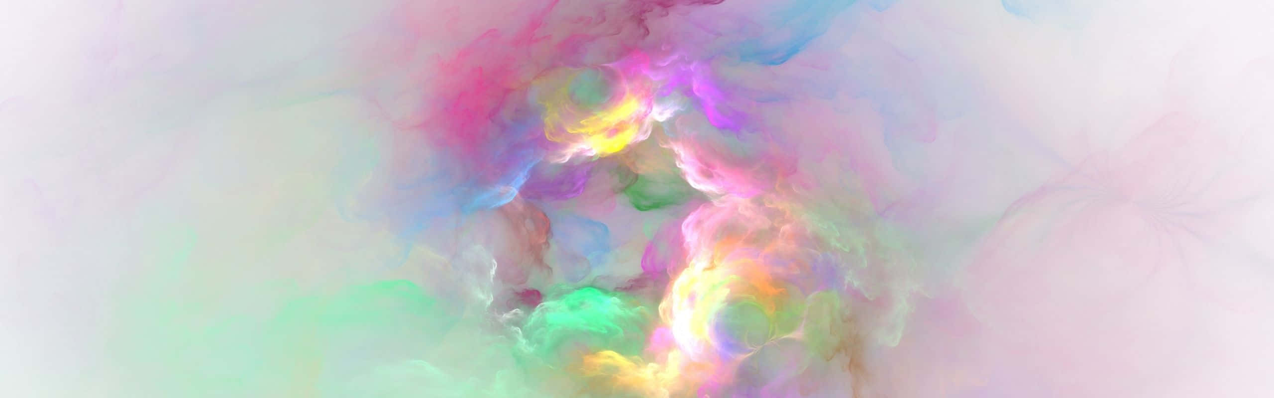 2560x800 桌布 壁紙 — 充滿活力的漩渦狀粉彩彩虹雲朵柔和地融合在淡色背景上。