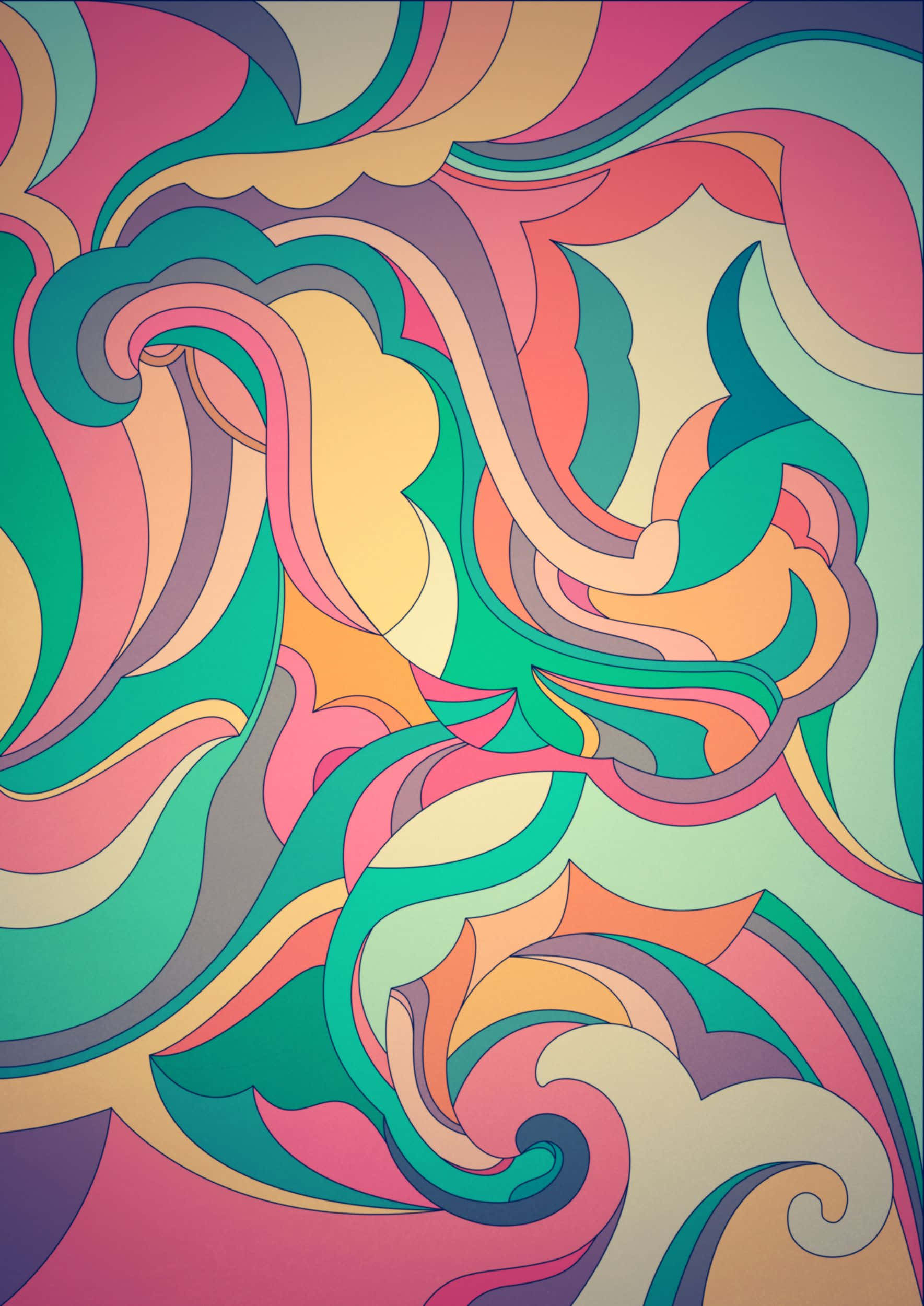 Groovy 桌布 壁紙 — 充滿活力的漩渦迷幻圖案，採用粉紅、藍綠和黃色等柔和色調，營造出催眠般的抽象構圖。