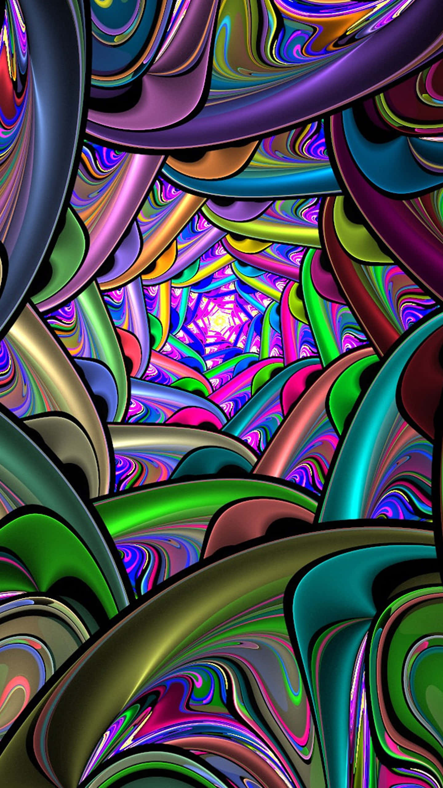 Trippy 3d Art 桌布 壁紙 — 充滿活力的漩渦迷幻圖案，金屬色調營造出迷人的隧道效果。