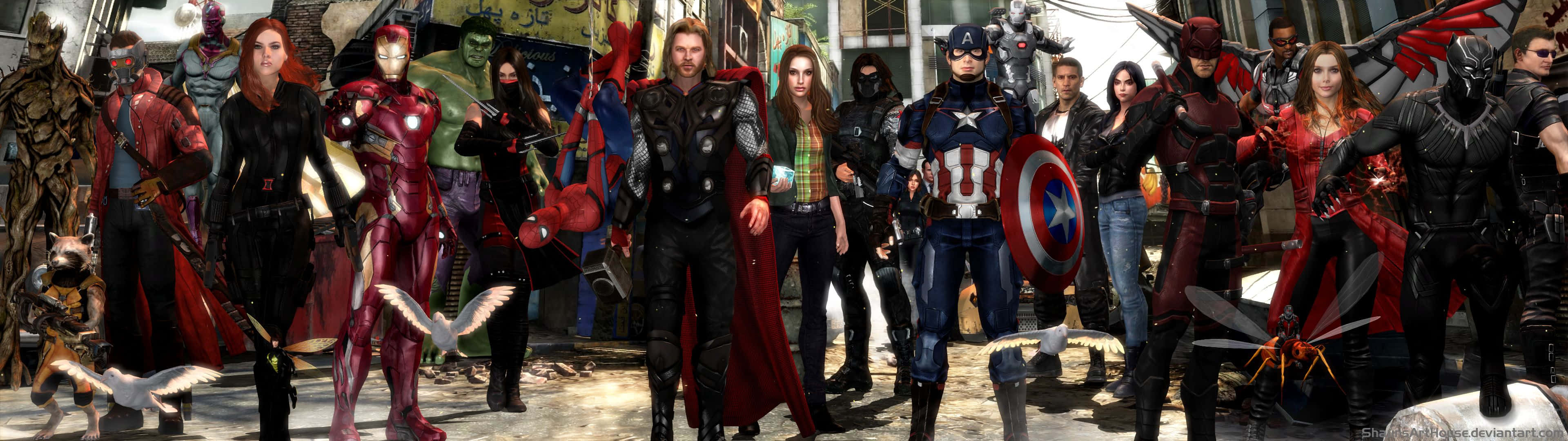 Mcu 桌布 壁紙 — 充滿活力的漫威超級英雄和反派陣容，在 gritty 的城市小巷中英勇擺姿勢。