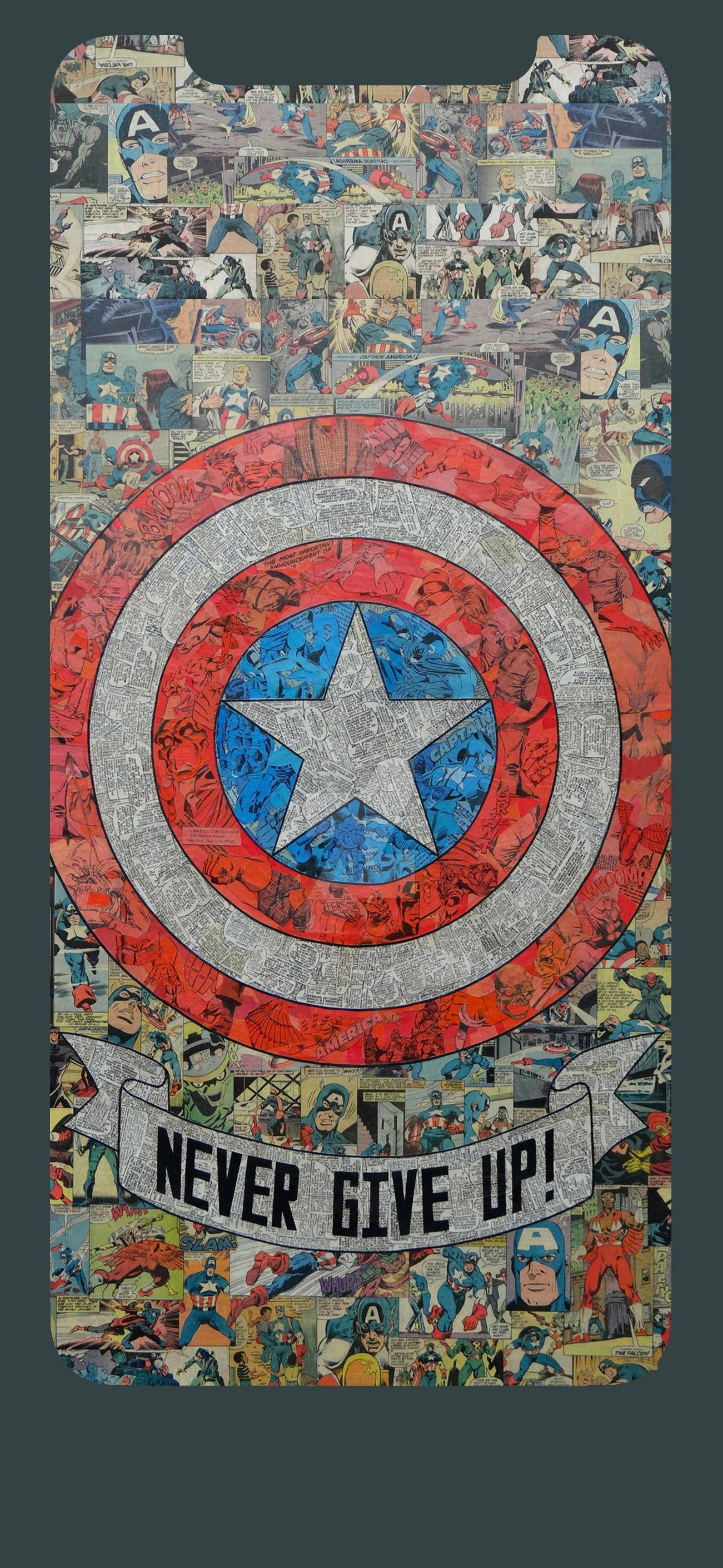 Captain America iPhone 桌布 壁紙 — 充滿活力的漫畫書拼貼桌布， featuring 美國隊長的盾牌和短語 never give up。
