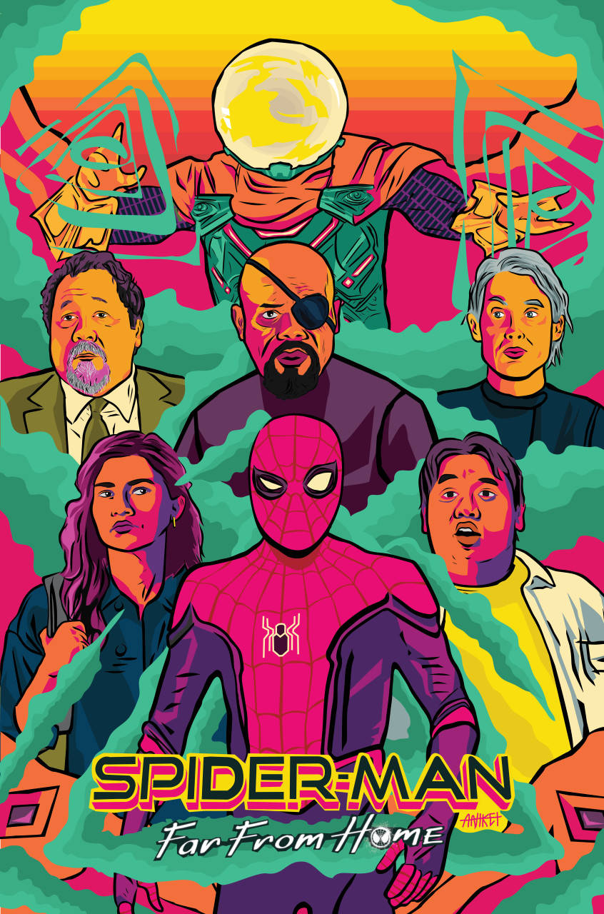 Spider Man Far From Home 桌布 壁紙 — 充滿活力的漫畫海報，蜘蛛人與盟友在迷幻日落背景下，搭配大膽的霓虹色彩。