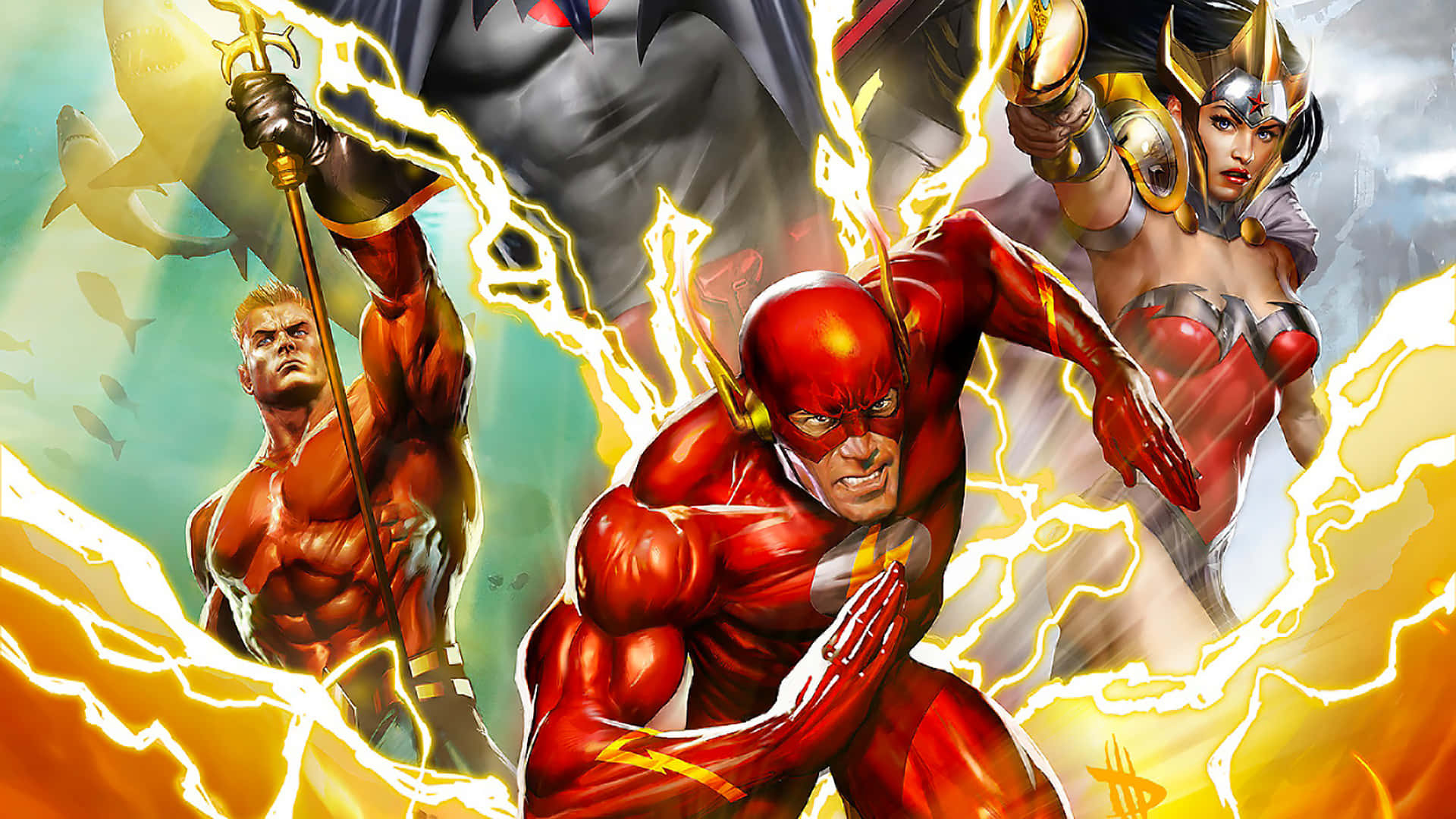 Justice League The Flashpoint Paradox 桌布 壁紙 — 充滿活力的漫畫英雄伴隨著閃電能量在動感十足的場景中向前衝刺。
