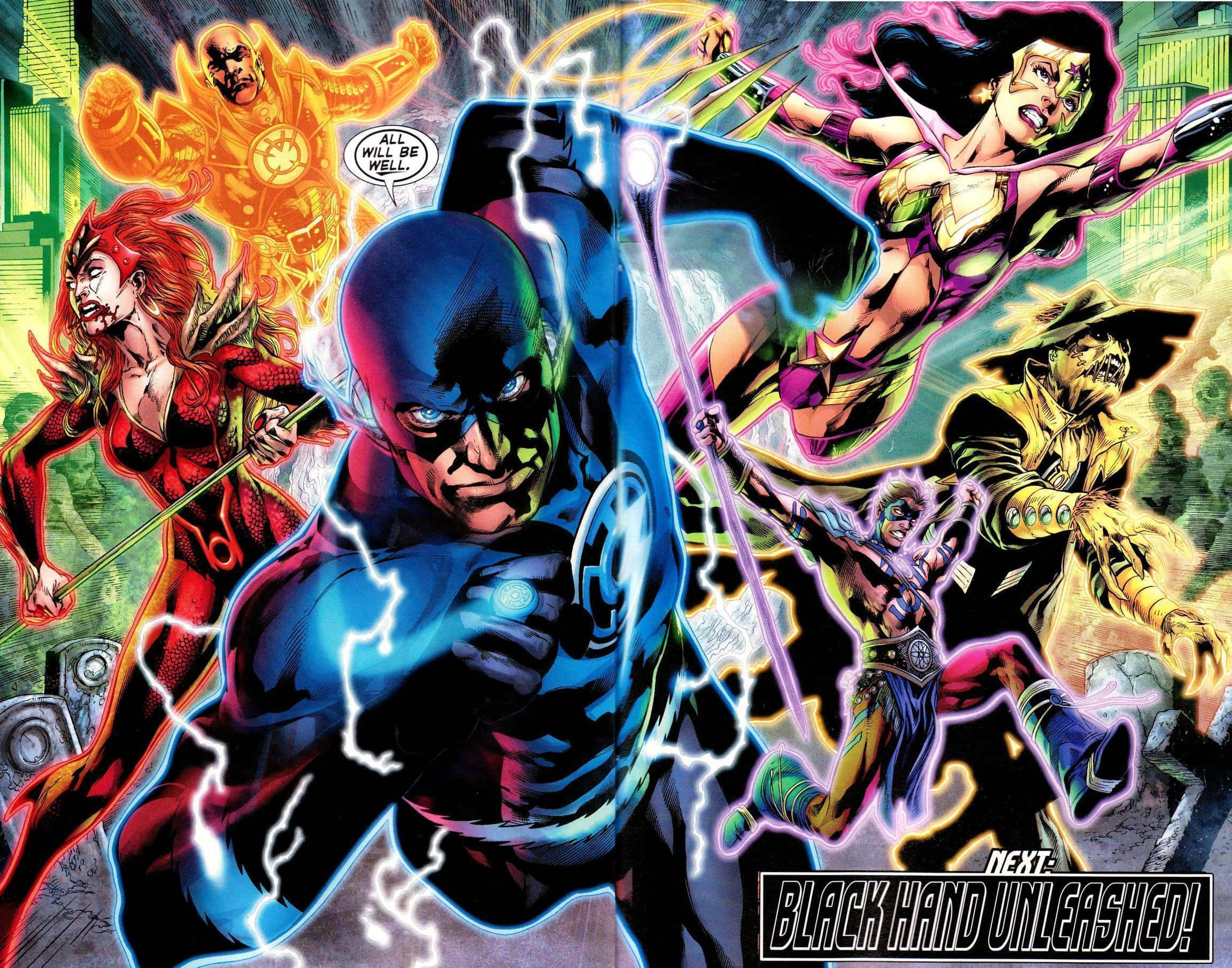 Blackest Night 桌布 壁紙 — 充滿活力的漫畫英雄穿著鮮豔服裝，在戲劇性的城市戰鬥場景中釋放能量和閃電。