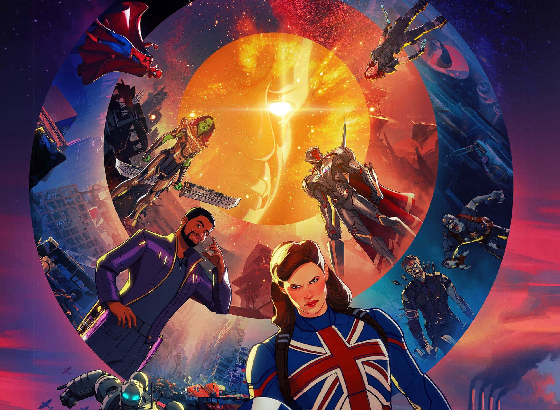 Disney Plus 桌布 壁紙 — 充滿活力的漫畫英雄穿著鮮豔服裝，在星光閃爍的太空背景下圍繞發光的宇宙圓圈翱翔。