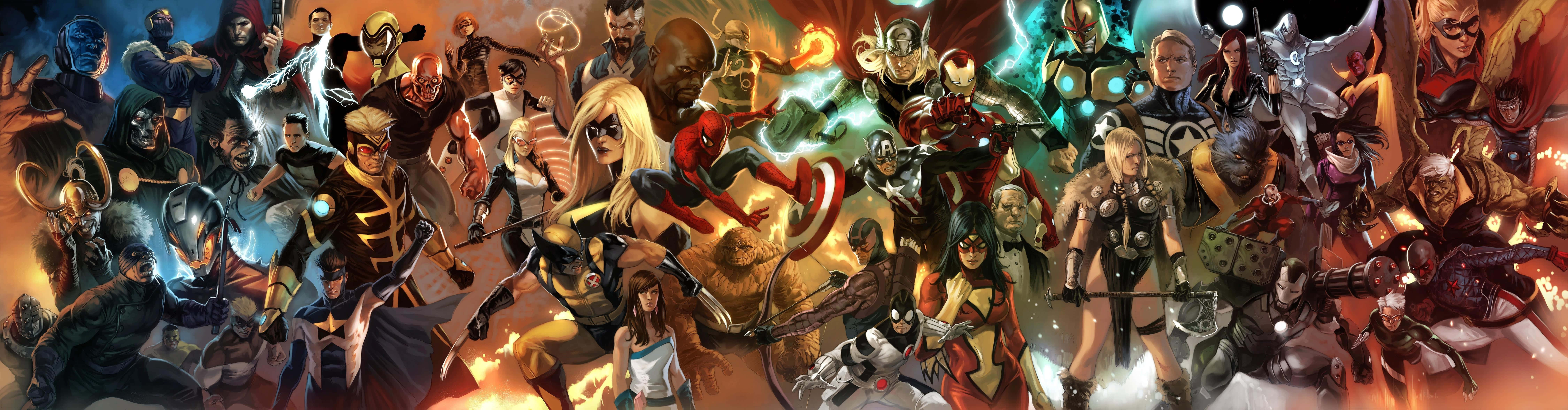 Iron Man Villains 桌布 壁紙 — 充滿活力的漫畫英雄與反派在一個熾熱、動作感十足的拼貼畫中碰撞，充滿能量與鮮豔色彩。