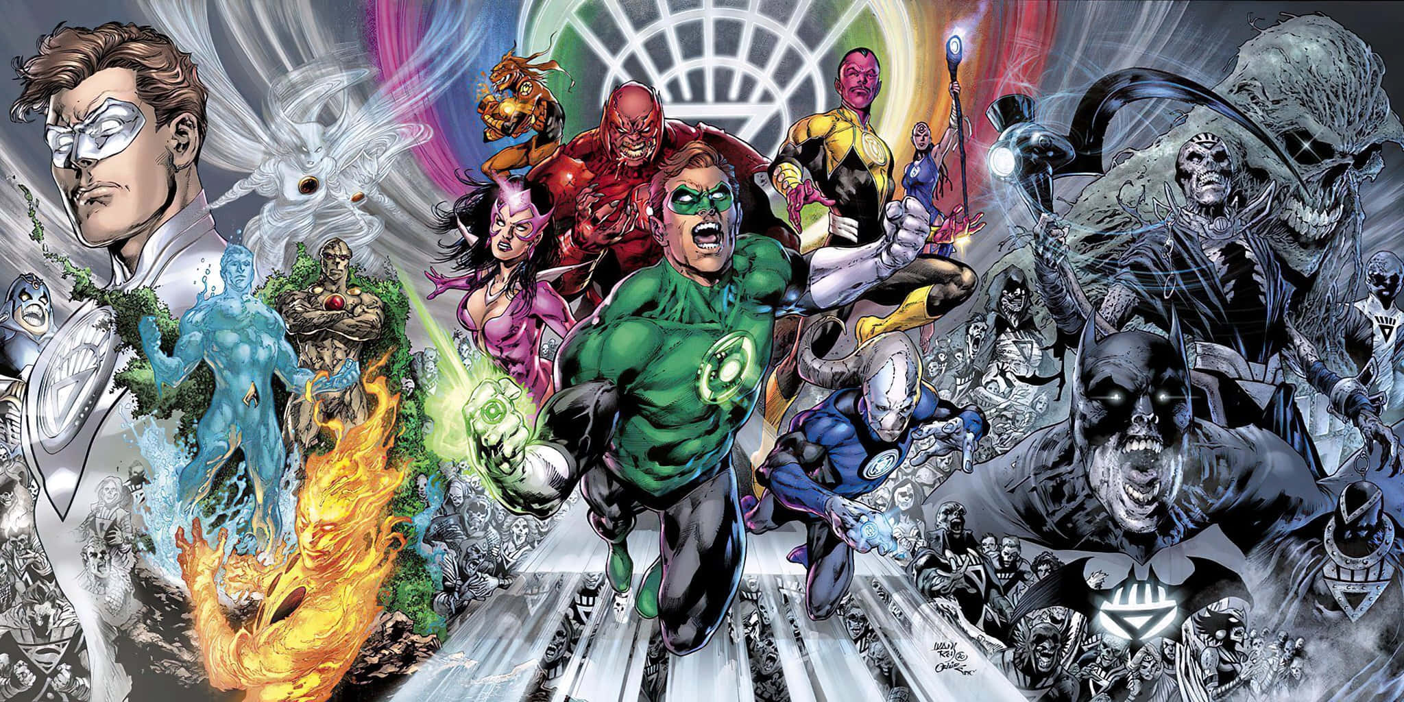 Blackest Night 桌布 壁紙 — 充滿活力的漫畫英雄與反派在一場色彩繽紛、動作感十足的超級英雄戰鬥場景中碰撞。