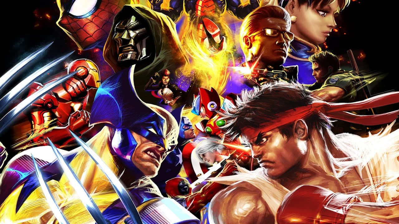 Marvel Vs Capcom 桌布 壁紙 — 充滿活力的漫畫英雄與反派在充滿動作的姿勢和發光能量效果的爆炸中碰撞。