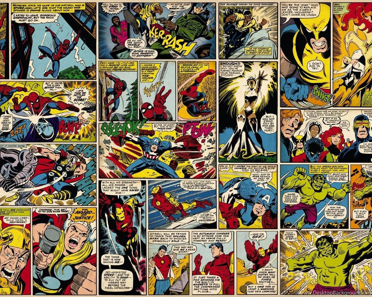 comic 桌布 壁紙 — 充滿活力的漫畫面板， featuring Spider-Man、Iron Man、Hulk 和 Captain America，以鮮豔色彩和經典 1960 年代漫畫藝術風格呈現動態動作場景。