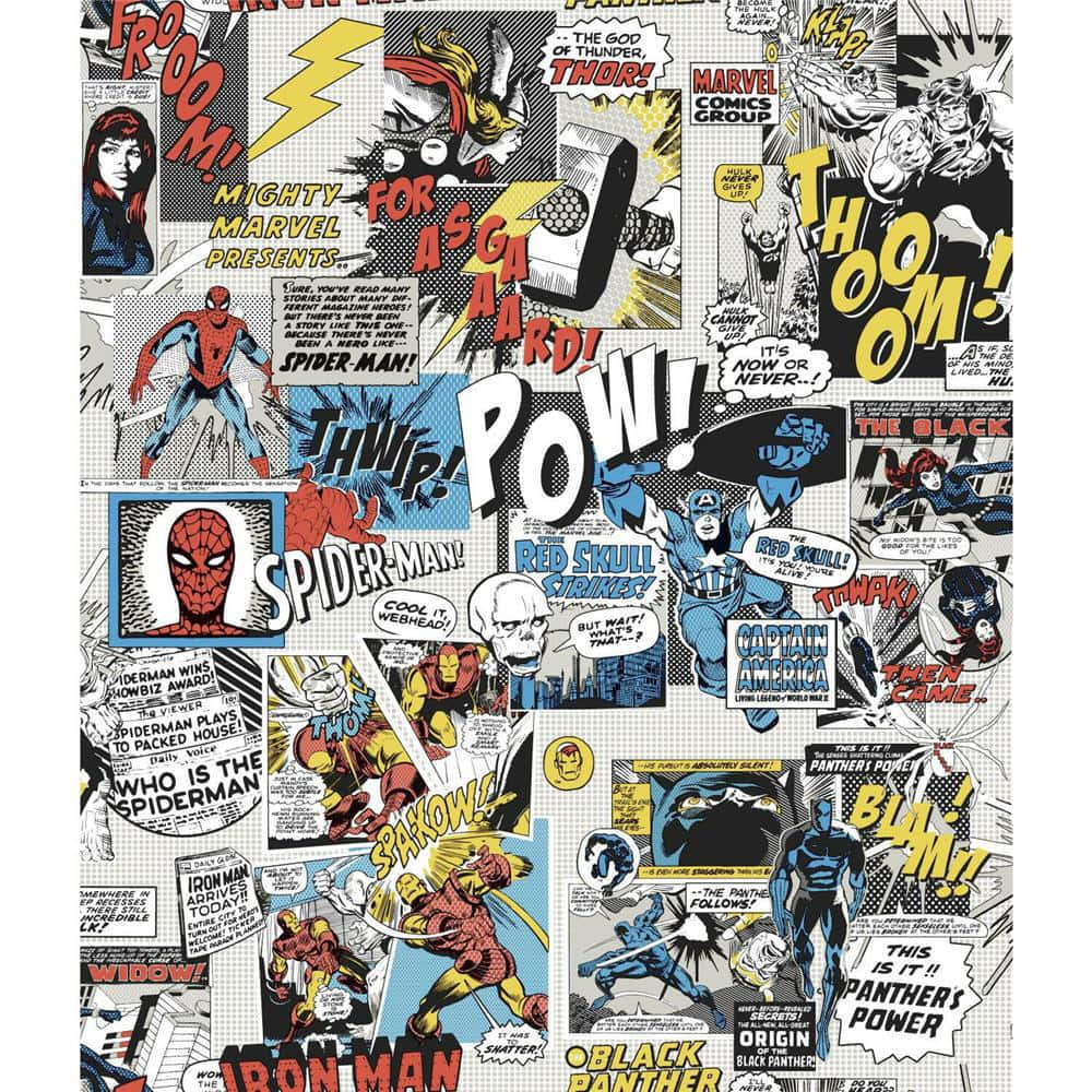 comic 桌布 壁紙 — 充滿活力的漫畫面板拼貼畫， featuring Marvel 英雄如蜘蛛人、鋼鐵人和索爾，以動態動作姿勢搭配大膽音效。