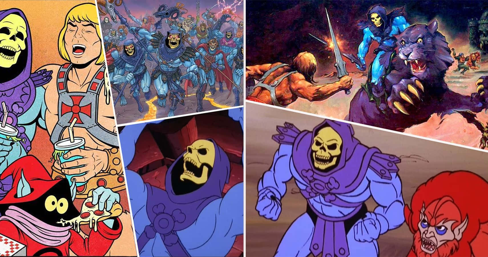 skeletor 桌布 壁紙 — 充滿活力的漫畫面板描繪了He-Man和Skeletor在動態動作場景中，採用大膽色彩和經典80年代動畫風格。