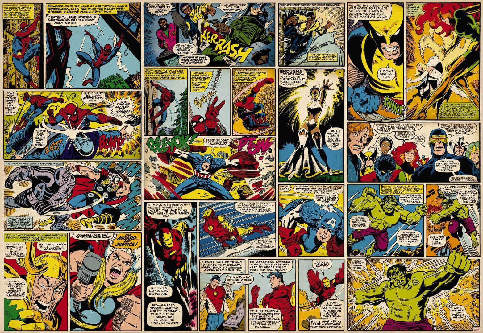 Marvel Comic Book 桌布 壁紙 — 充滿活力的漫畫頁面拼貼畫， featuring Spider-Man、Iron Man、Hulk 和 Captain America，採用大膽色彩和對話氣泡的動態動作面板。