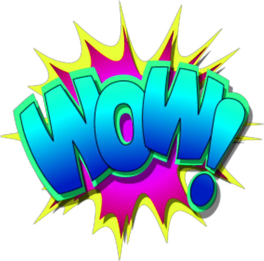 Clip Art 桌布 壁紙 — 充滿活力的漫畫風格「WOW！」文字從黑色背景上的彩色爆炸中迸發出來。